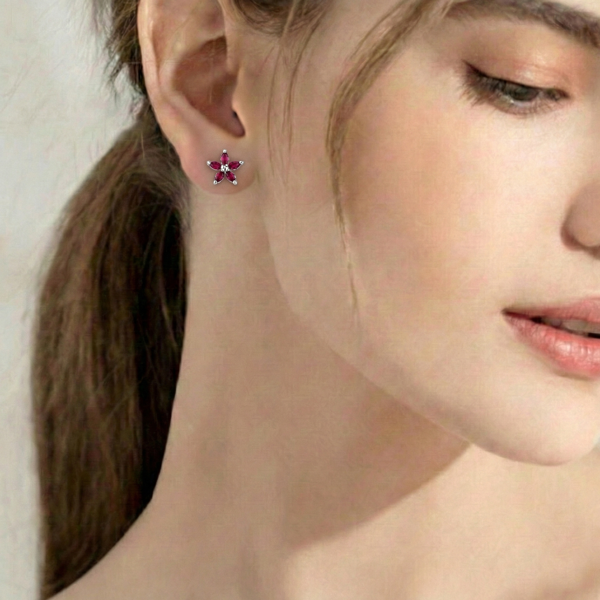 Garnet Flower and Marquis Shape Stud Earring in 925 Sterling Silver 4X2 MM 3ct.