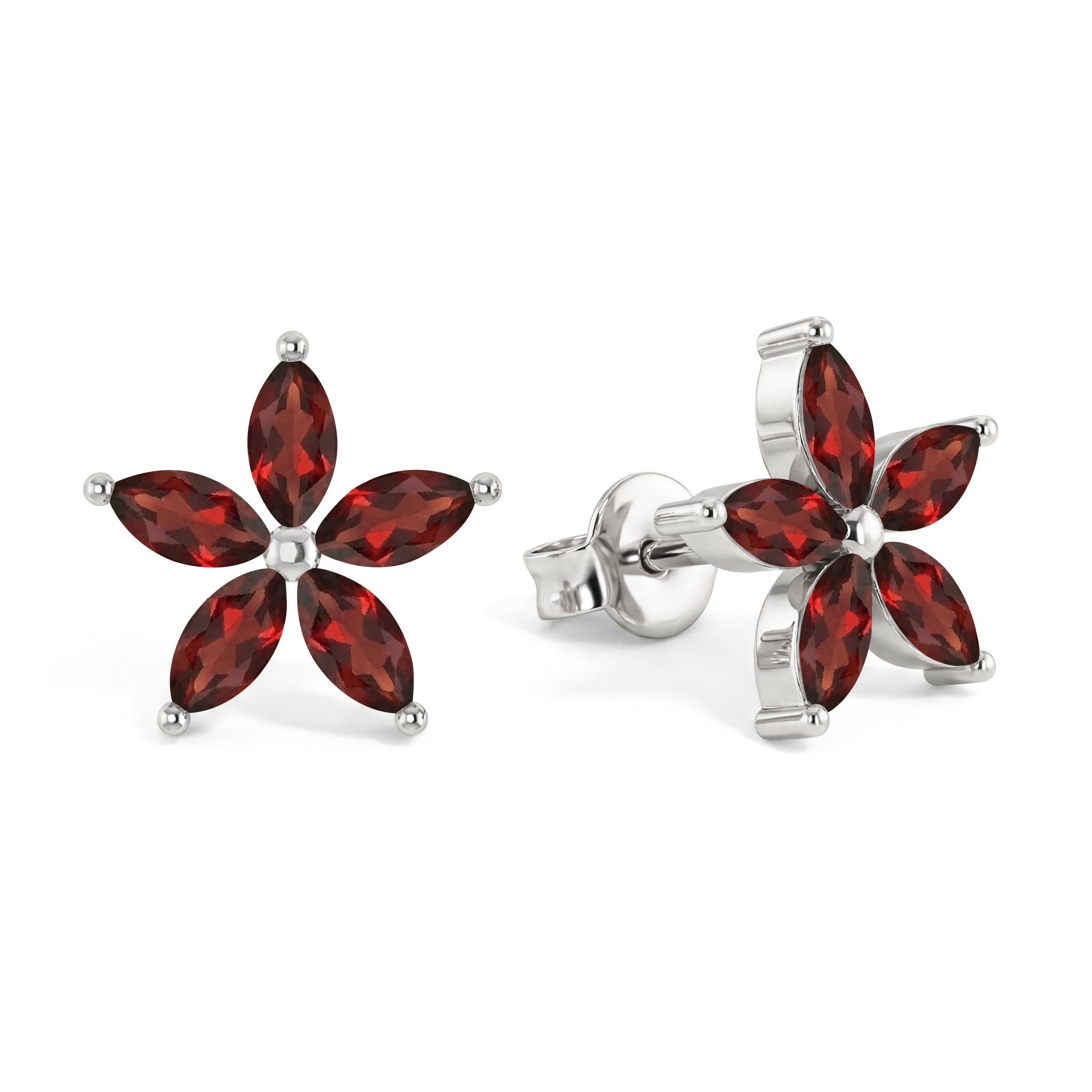 Garnet Flower and Marquis Shape Stud Earring in 925 Sterling Silver 4X2 MM 3ct.