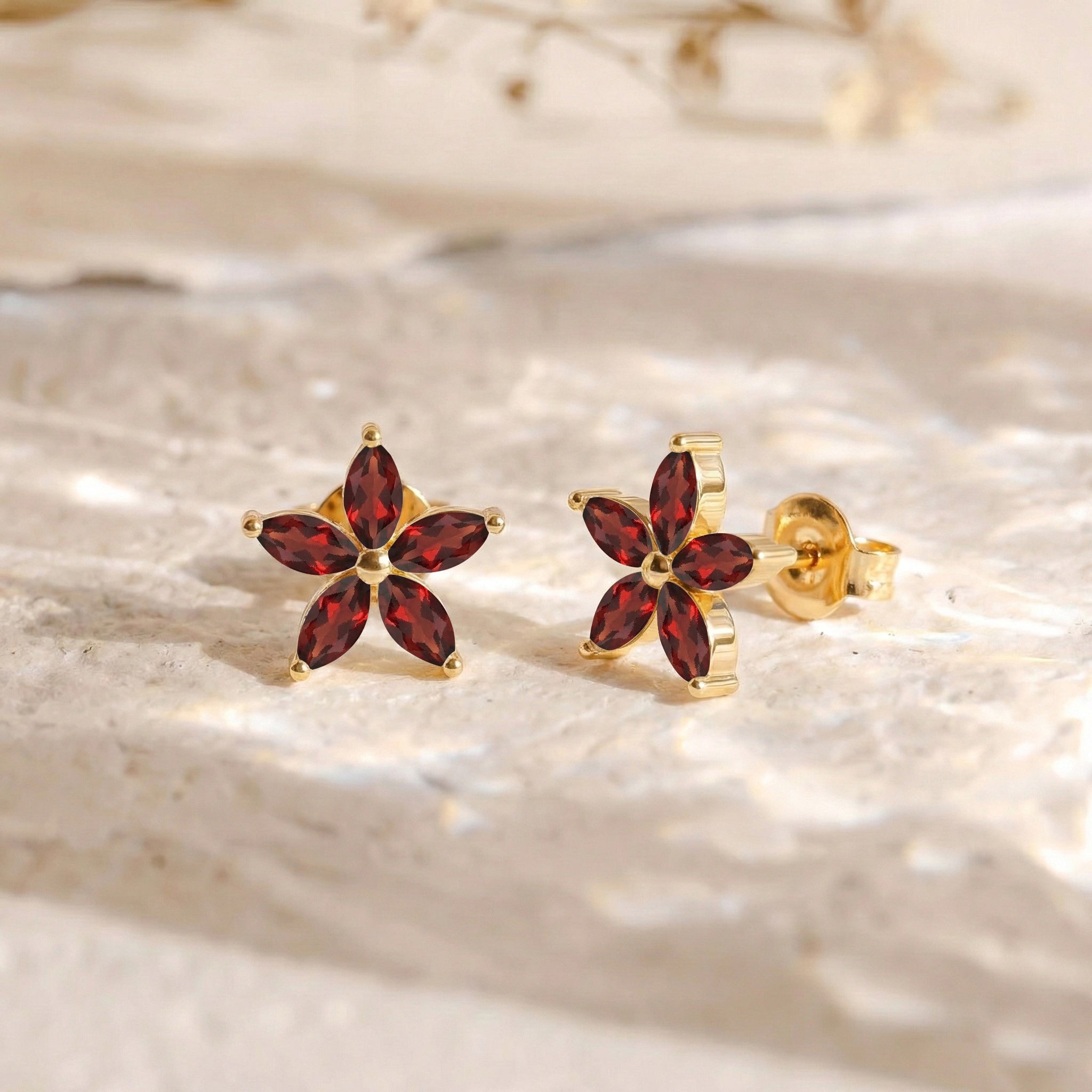 Garnet Flower and Marquis Shape Stud Earring in 925 Sterling Silver 4X2 MM 3ct.