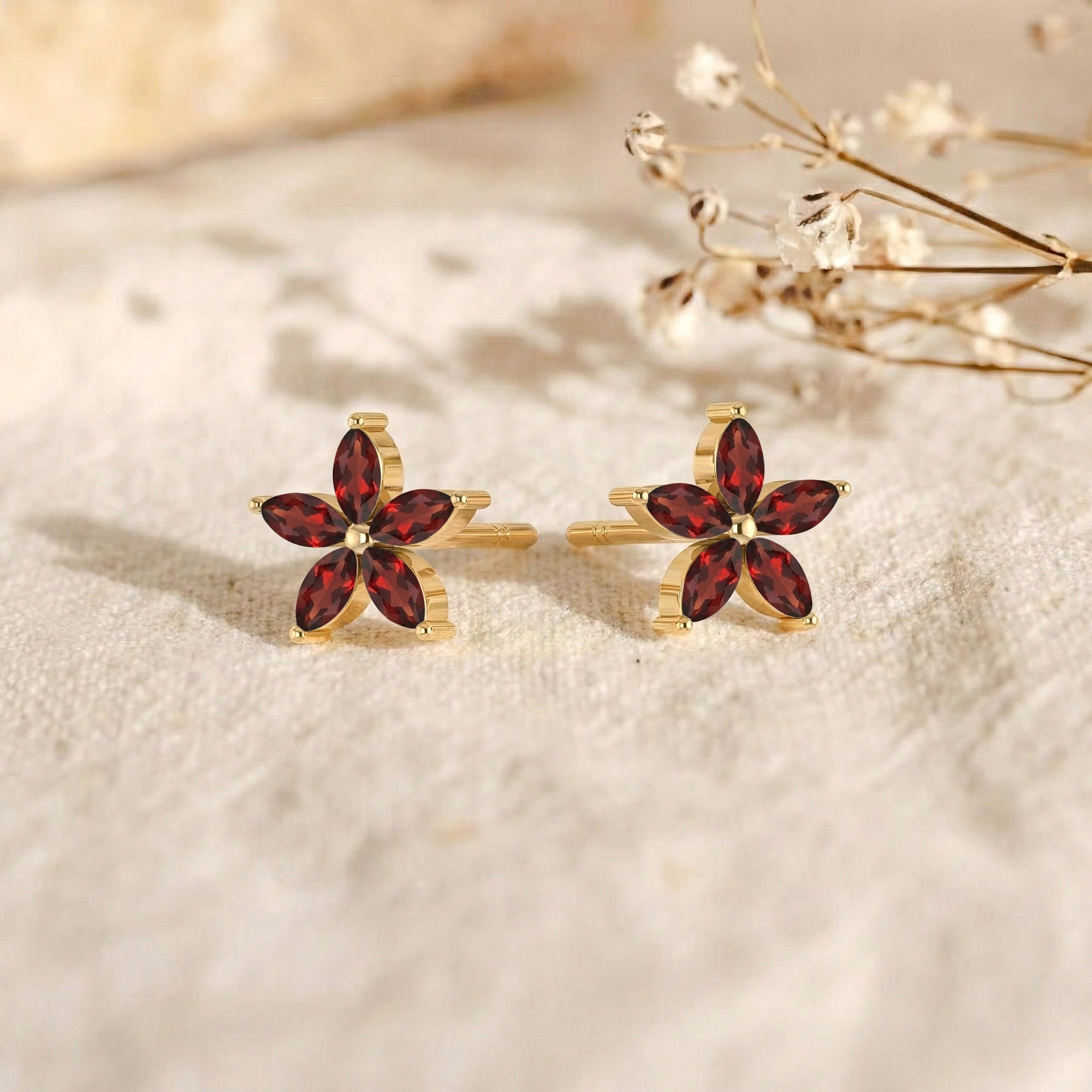 Garnet Flower and Marquis Shape Stud Earring in 925 Sterling Silver 4X2 MM 3ct.