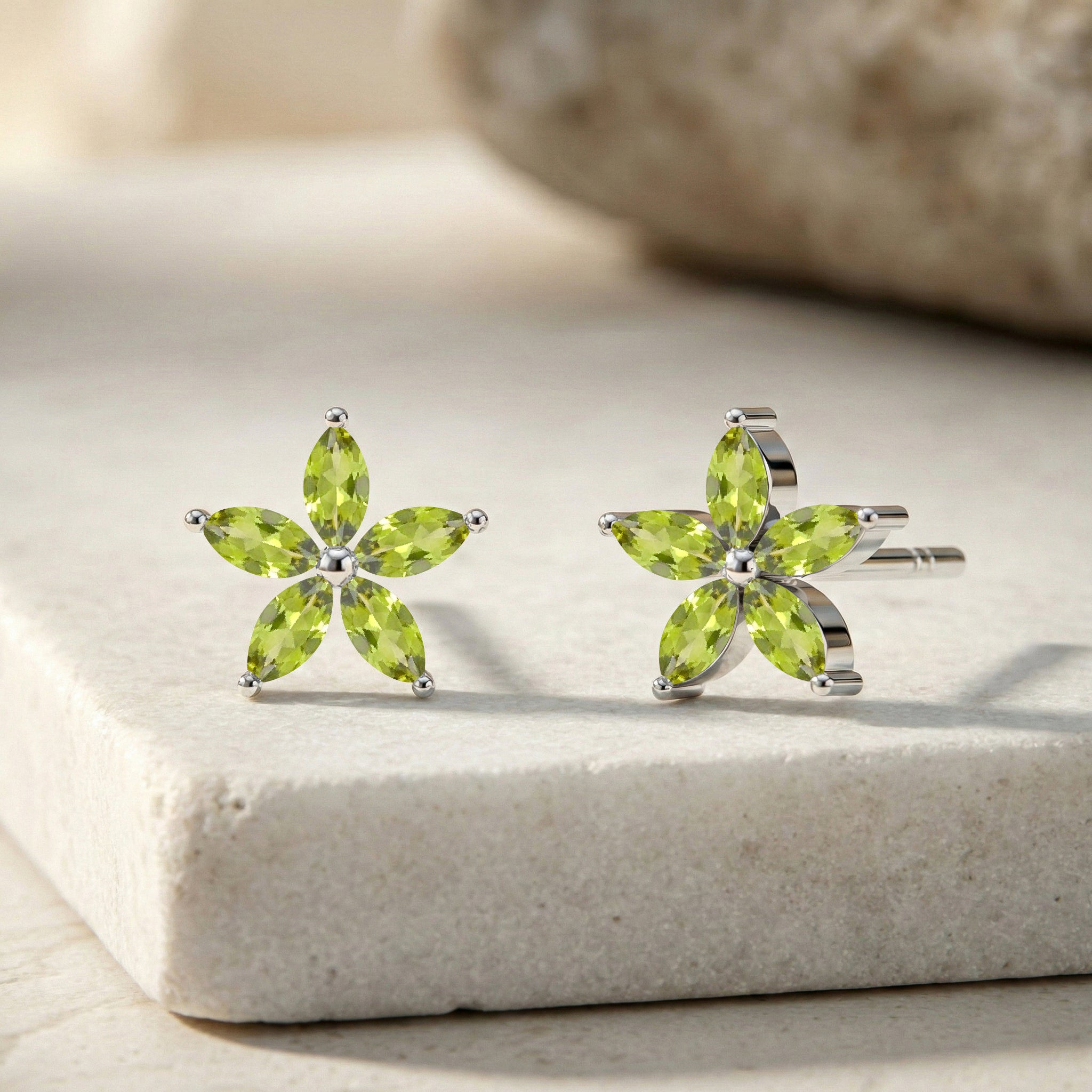Peridot Flower and Marquis Shape Stud Earring in 925 Sterling Silver 4X2 MM 3ct.
