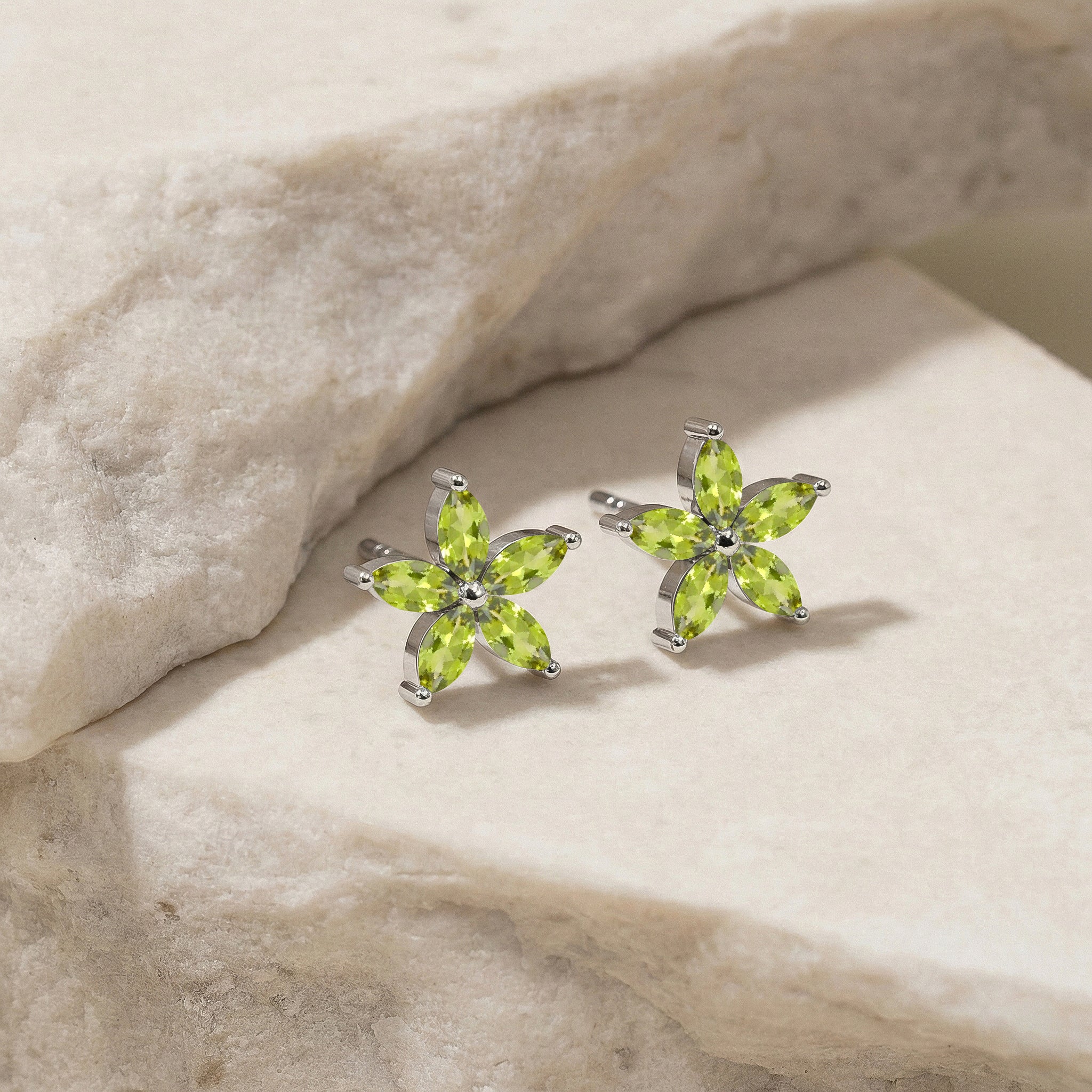 Peridot Flower and Marquis Shape Stud Earring in 925 Sterling Silver 4X2 MM 3ct.