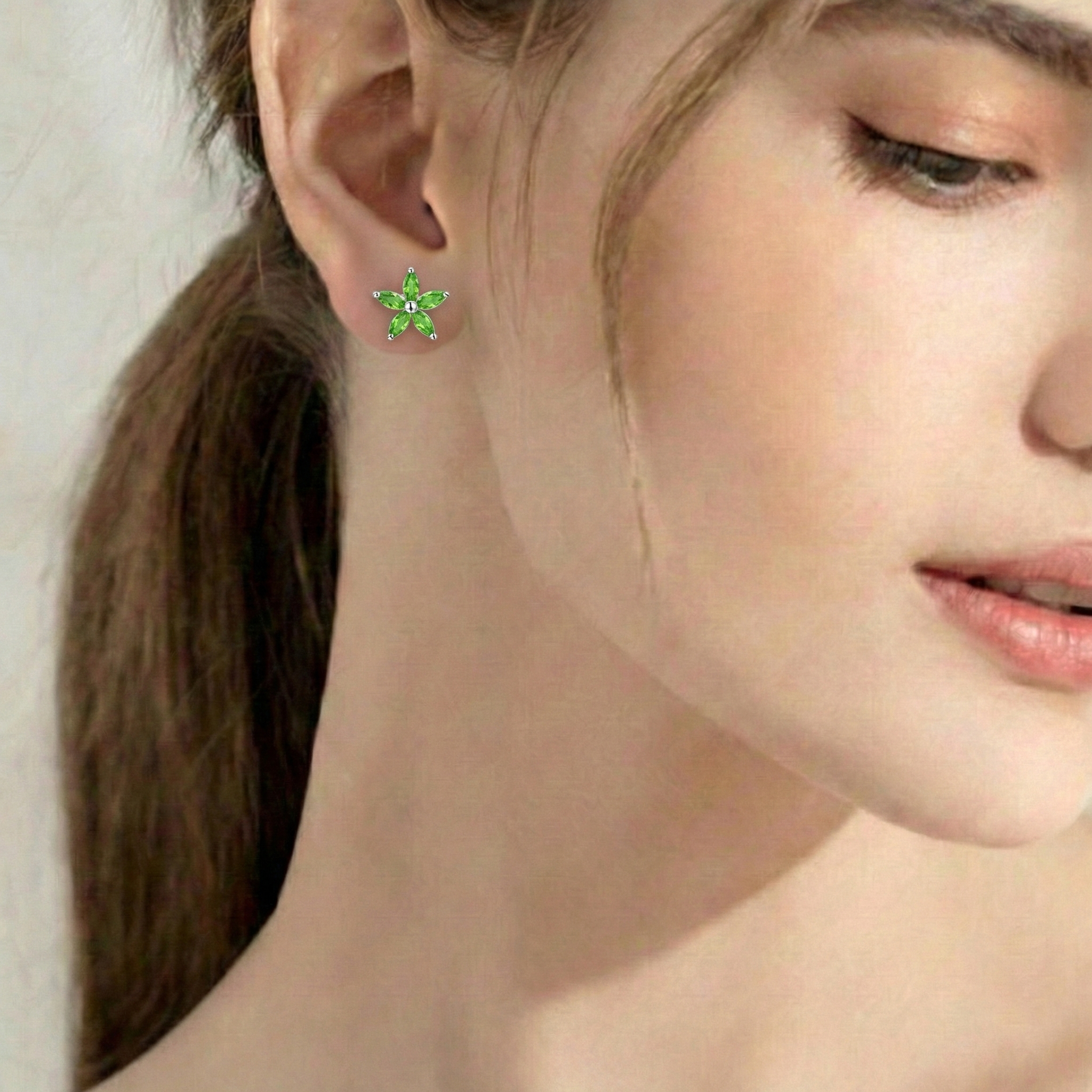 Peridot Flower and Marquis Shape Stud Earring in 925 Sterling Silver 4X2 MM 3ct.
