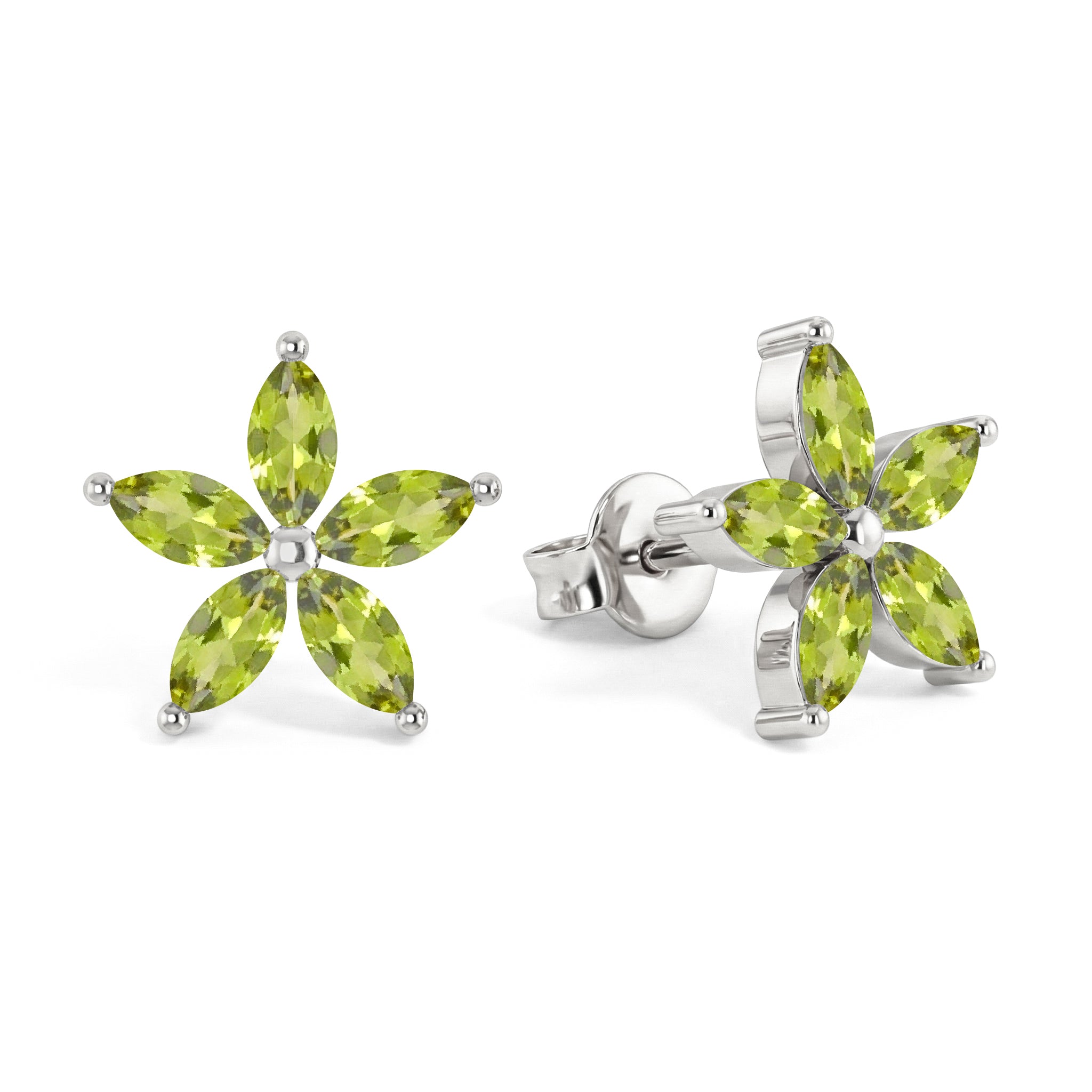 Peridot Flower and Marquis Shape Stud Earring in 925 Sterling Silver 4X2 MM 3ct.