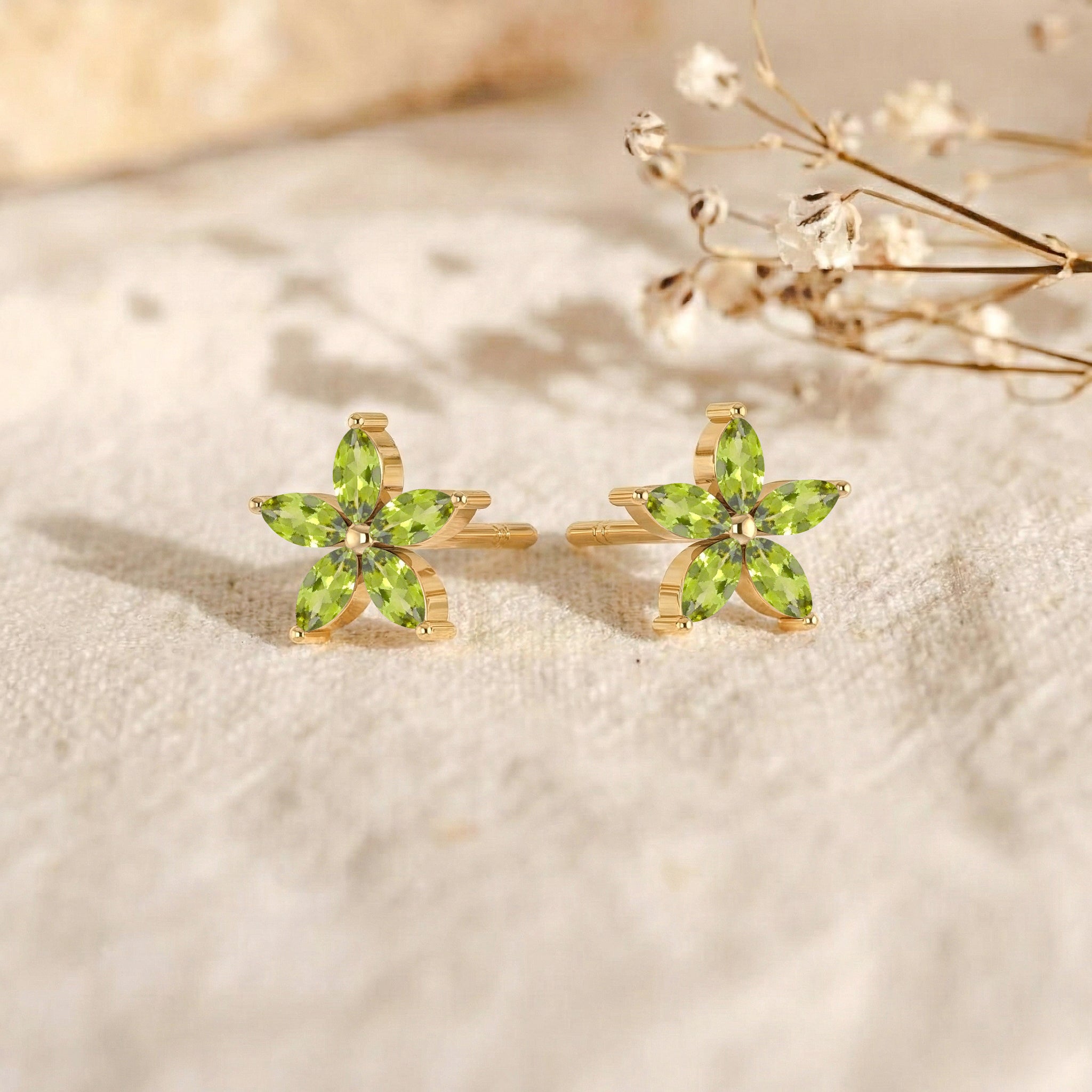 Peridot Flower and Marquis Shape Stud Earring in 925 Sterling Silver 4X2 MM 3ct.