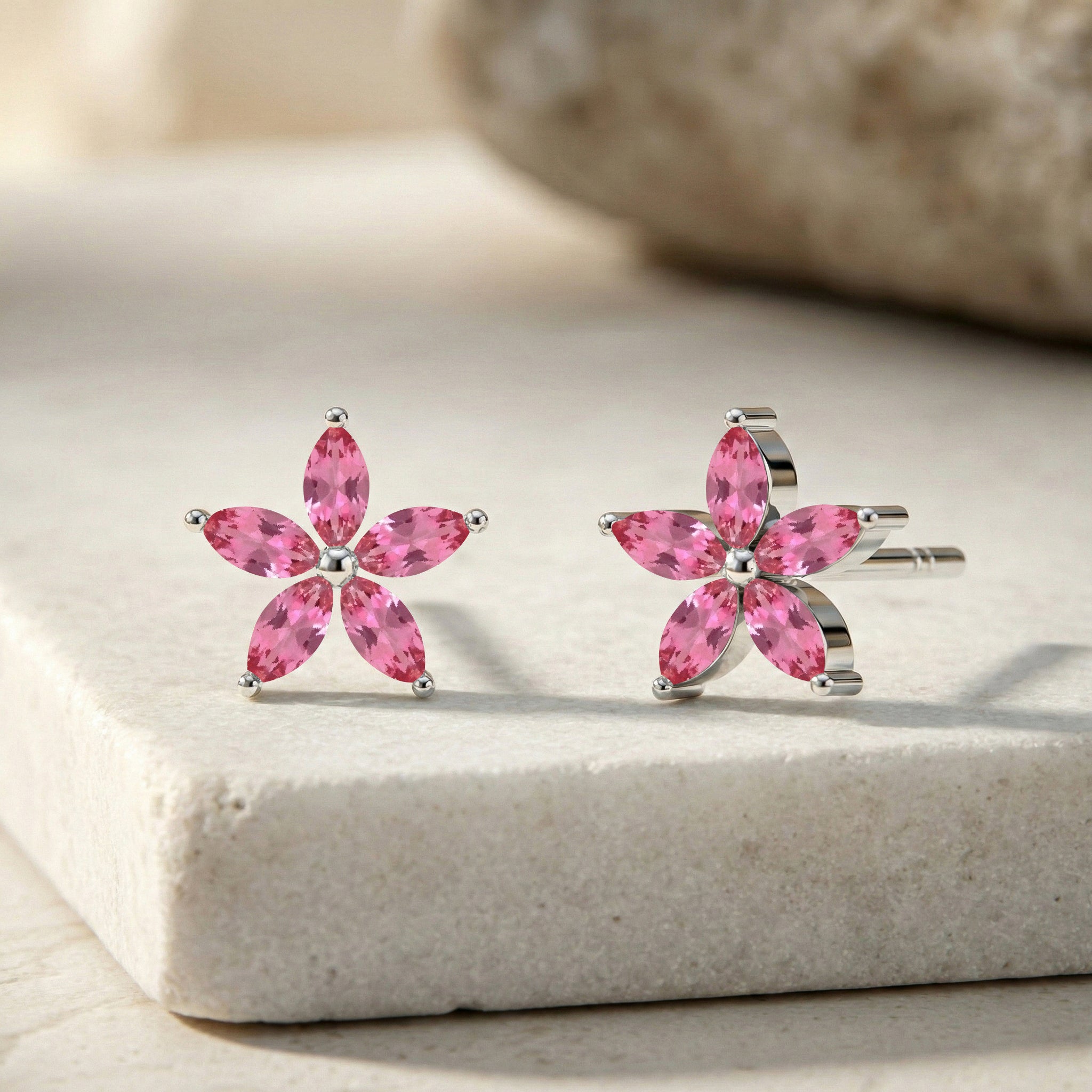Pink Tourmaline Flower and Marquis Shape Stud Earring in 925 Sterling Silver 4X2 MM 3ct.