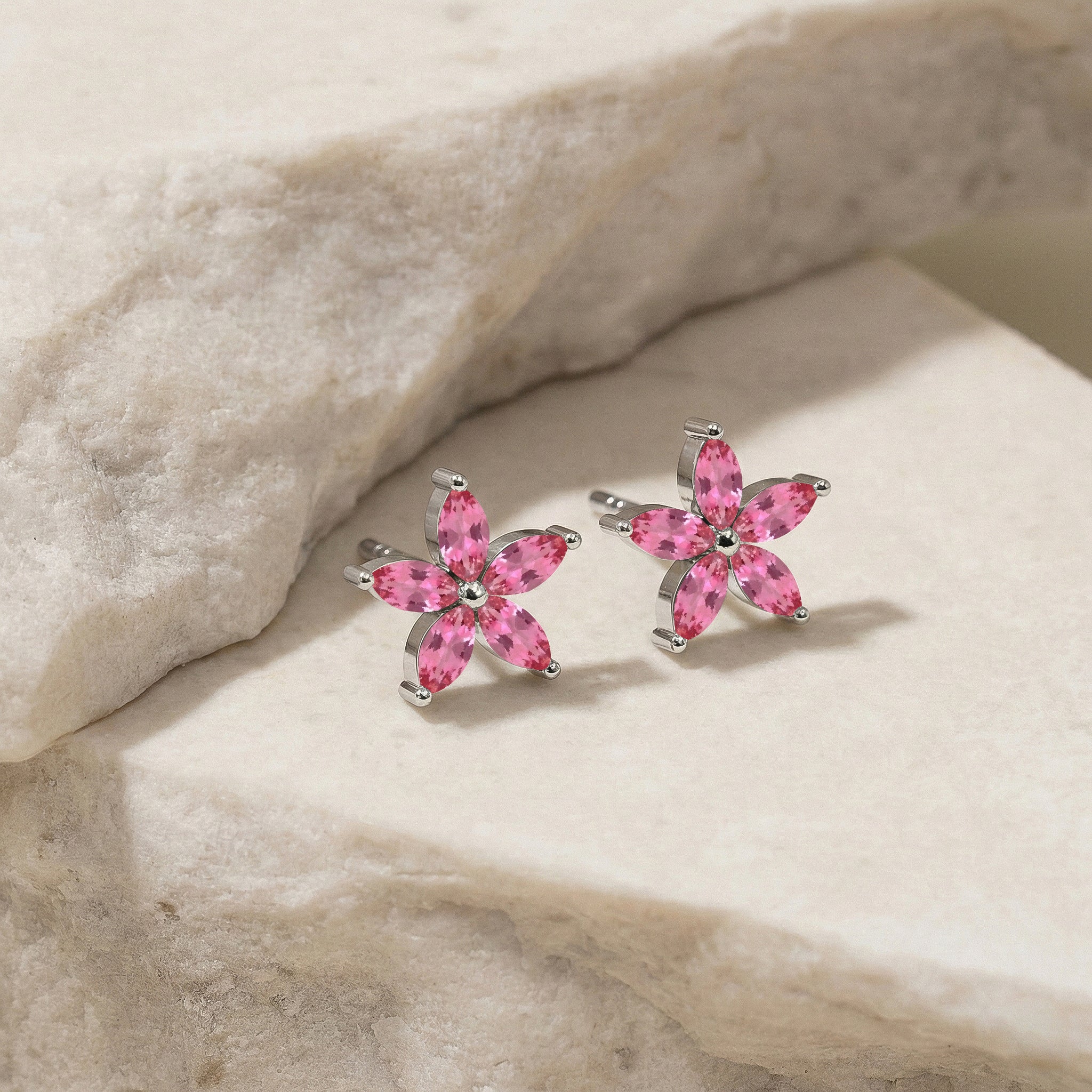 Pink Tourmaline Flower and Marquis Shape Stud Earring in 925 Sterling Silver 4X2 MM 3ct.
