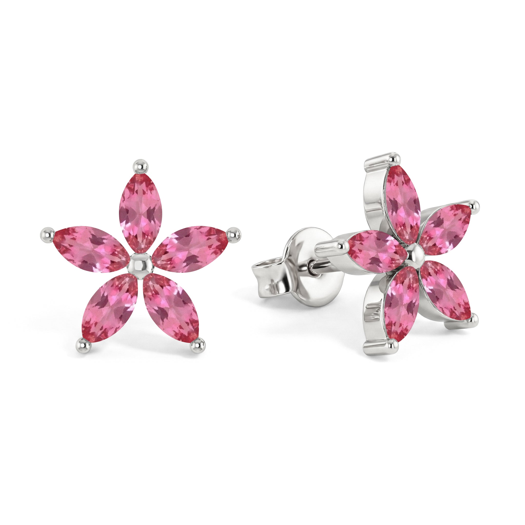 Pink Tourmaline Flower and Marquis Shape Stud Earring in 925 Sterling Silver 4X2 MM 3ct.