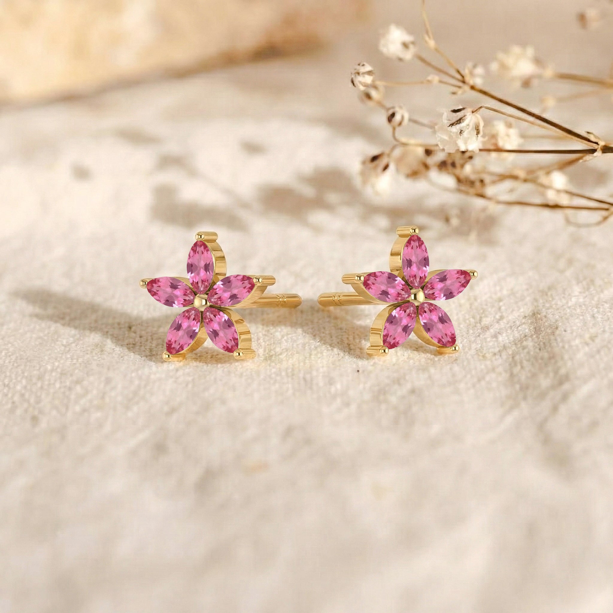 Pink Tourmaline Flower and Marquis Shape Stud Earring in 925 Sterling Silver 4X2 MM 3ct.