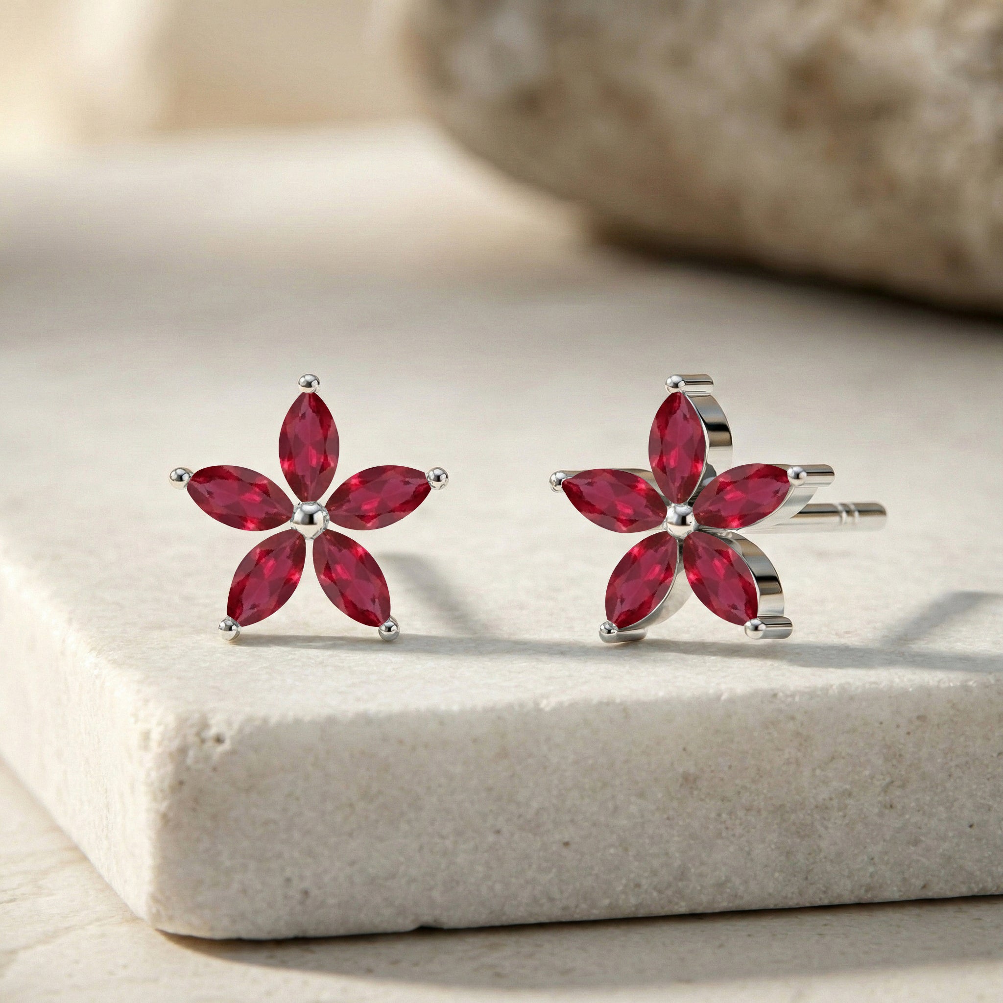 Ruby Flower and Marquis Shape Stud Earring in 925 Sterling Silver 4X2 MM 3ct.
