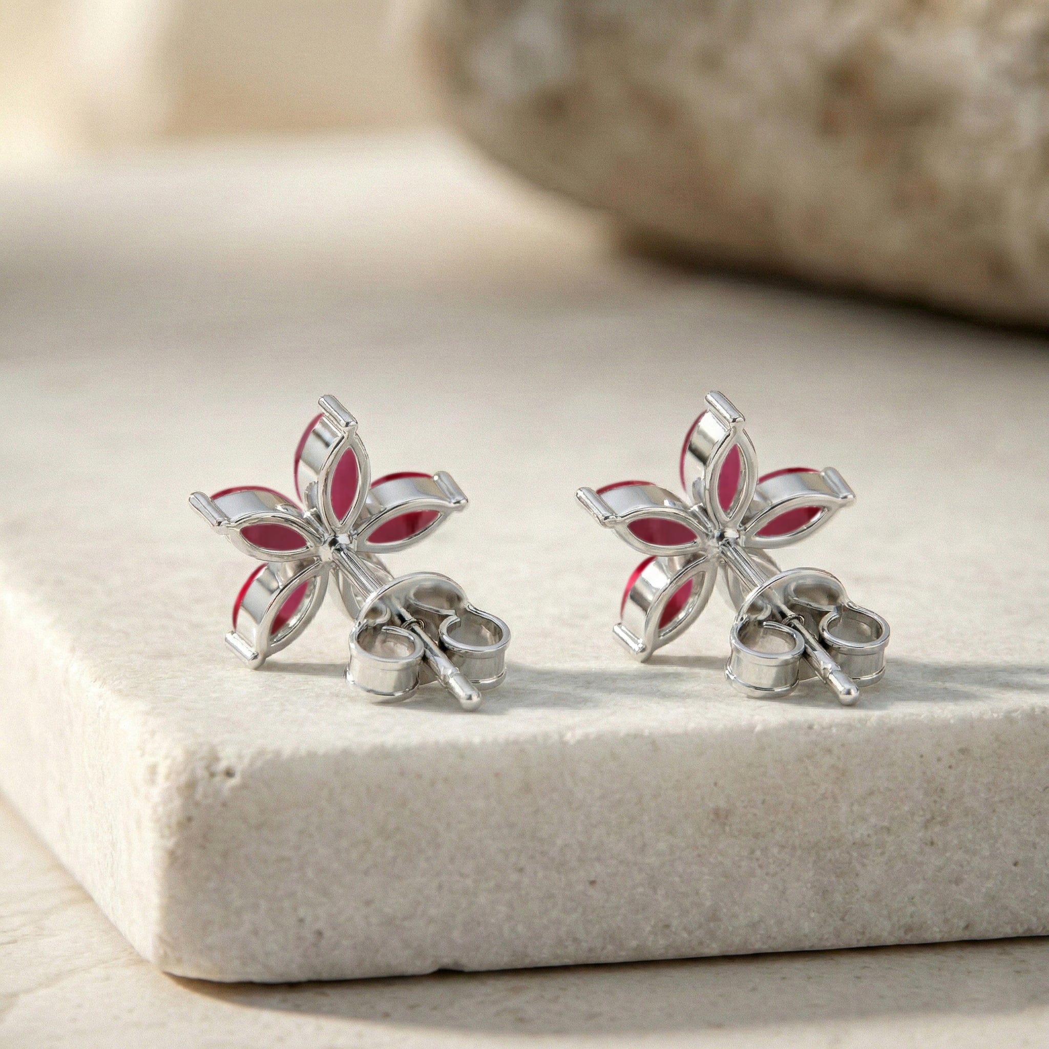 Ruby Flower and Marquis Shape Stud Earring in 925 Sterling Silver 4X2 MM 3ct.