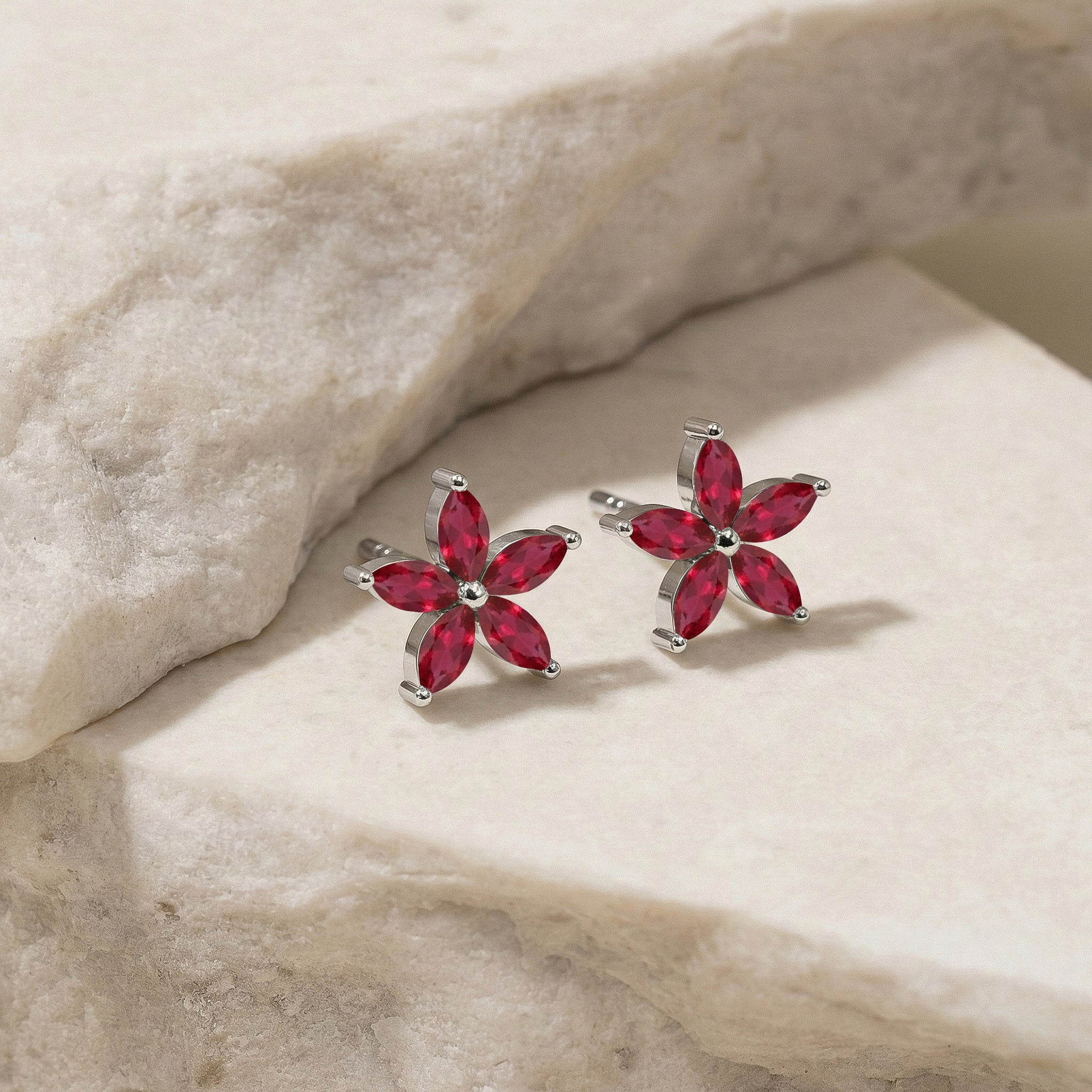 Ruby Flower and Marquis Shape Stud Earring in 925 Sterling Silver 4X2 MM 3ct.