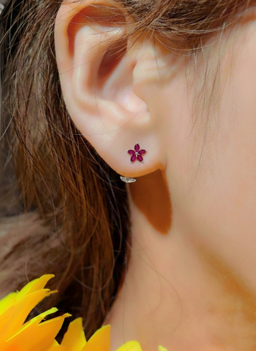 Ruby Flower and Marquis Shape Stud Earring in 925 Sterling Silver 4X2 MM 3ct.