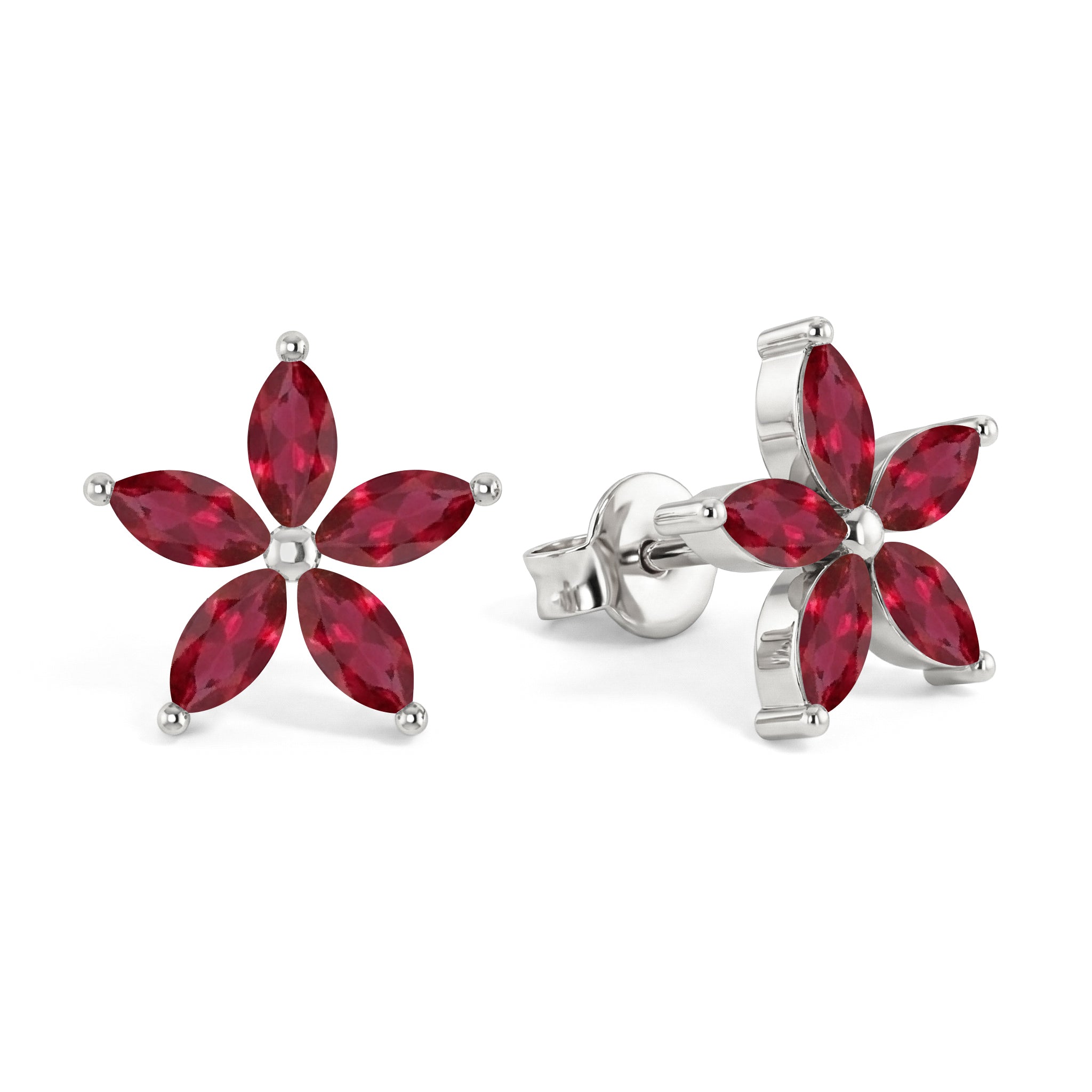 Ruby Flower and Marquis Shape Stud Earring in 925 Sterling Silver 4X2 MM 3ct.