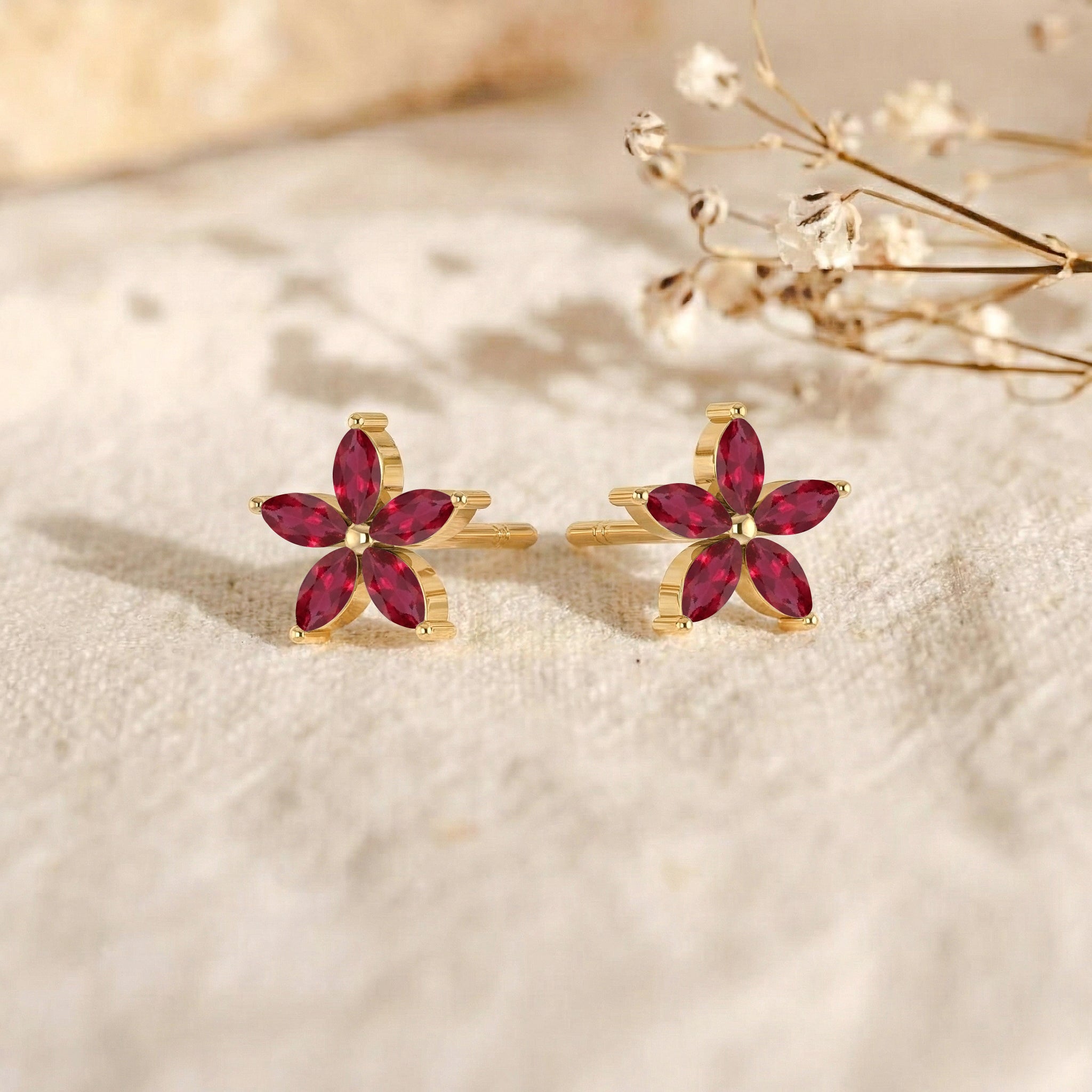 Ruby Flower and Marquis Shape Stud Earring in 925 Sterling Silver 4X2 MM 3ct.