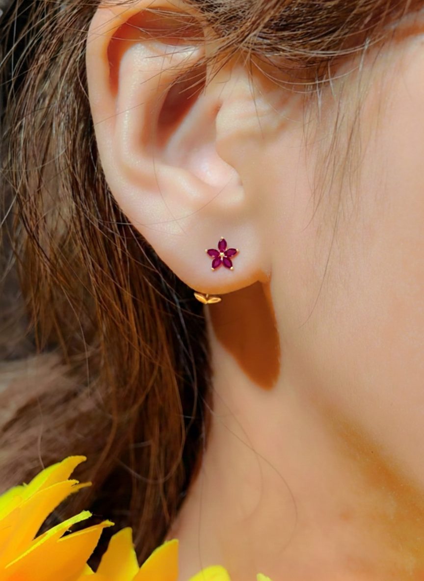 Ruby Flower and Marquis Shape Stud Earring in 925 Sterling Silver 4X2 MM 3ct.
