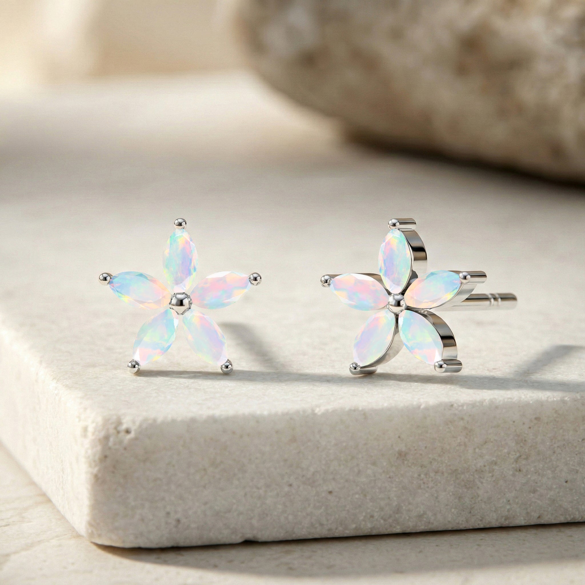 White Opal Flower and Marquis Shape Stud Earring in 925 Sterling Silver 4X2 MM 3ct.