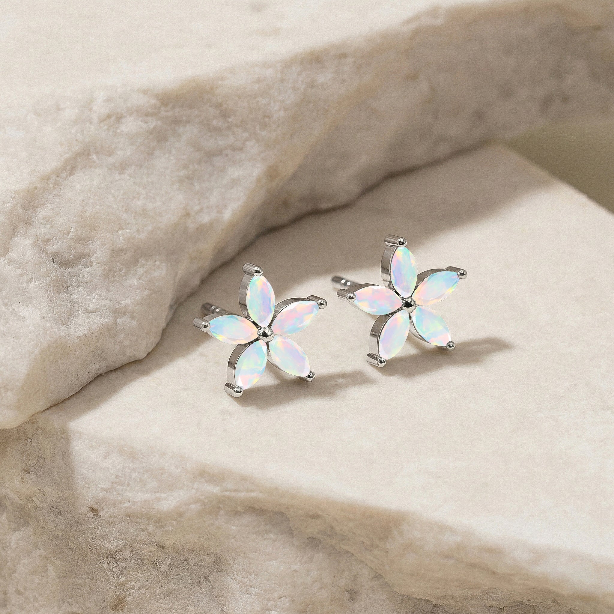 White Opal Flower and Marquis Shape Stud Earring in 925 Sterling Silver 4X2 MM 3ct.