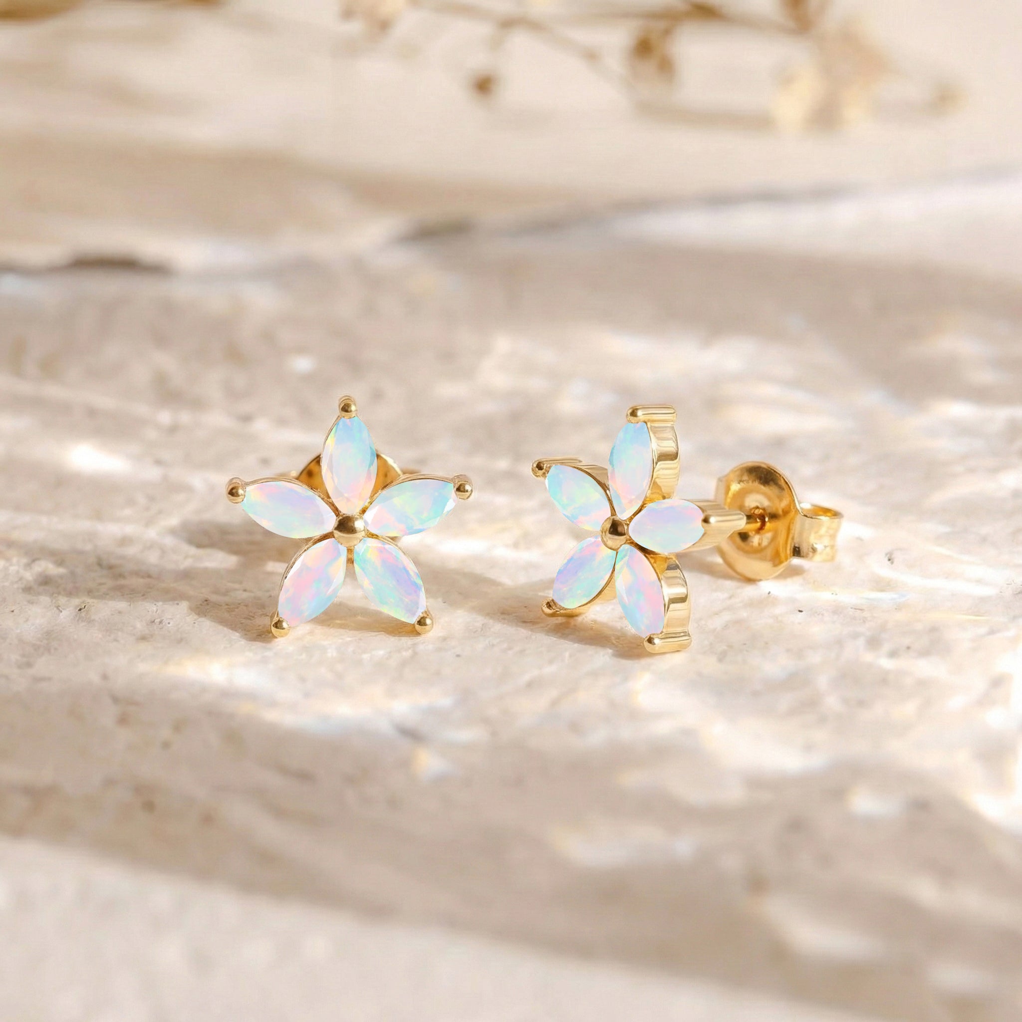 White Opal Flower and Marquis Shape Stud Earring in 925 Sterling Silver 4X2 MM 3ct.