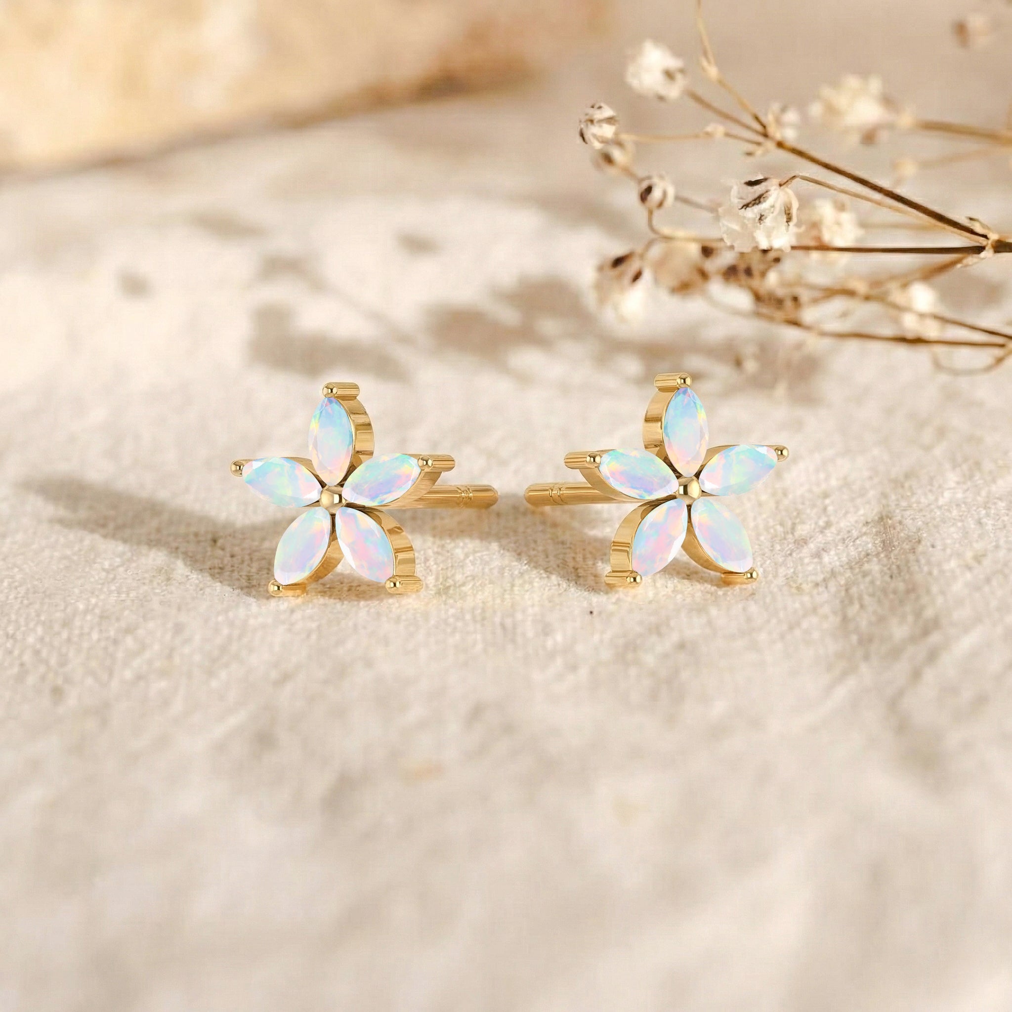 White Opal Flower and Marquis Shape Stud Earring in 925 Sterling Silver 4X2 MM 3ct.