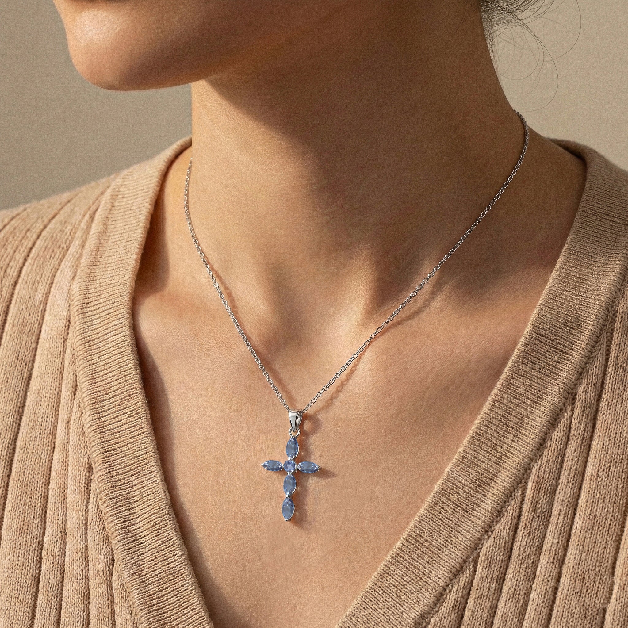 Alexandrite Marquise Cross Pendant Necklace in 925 Sterling Silver 2ct