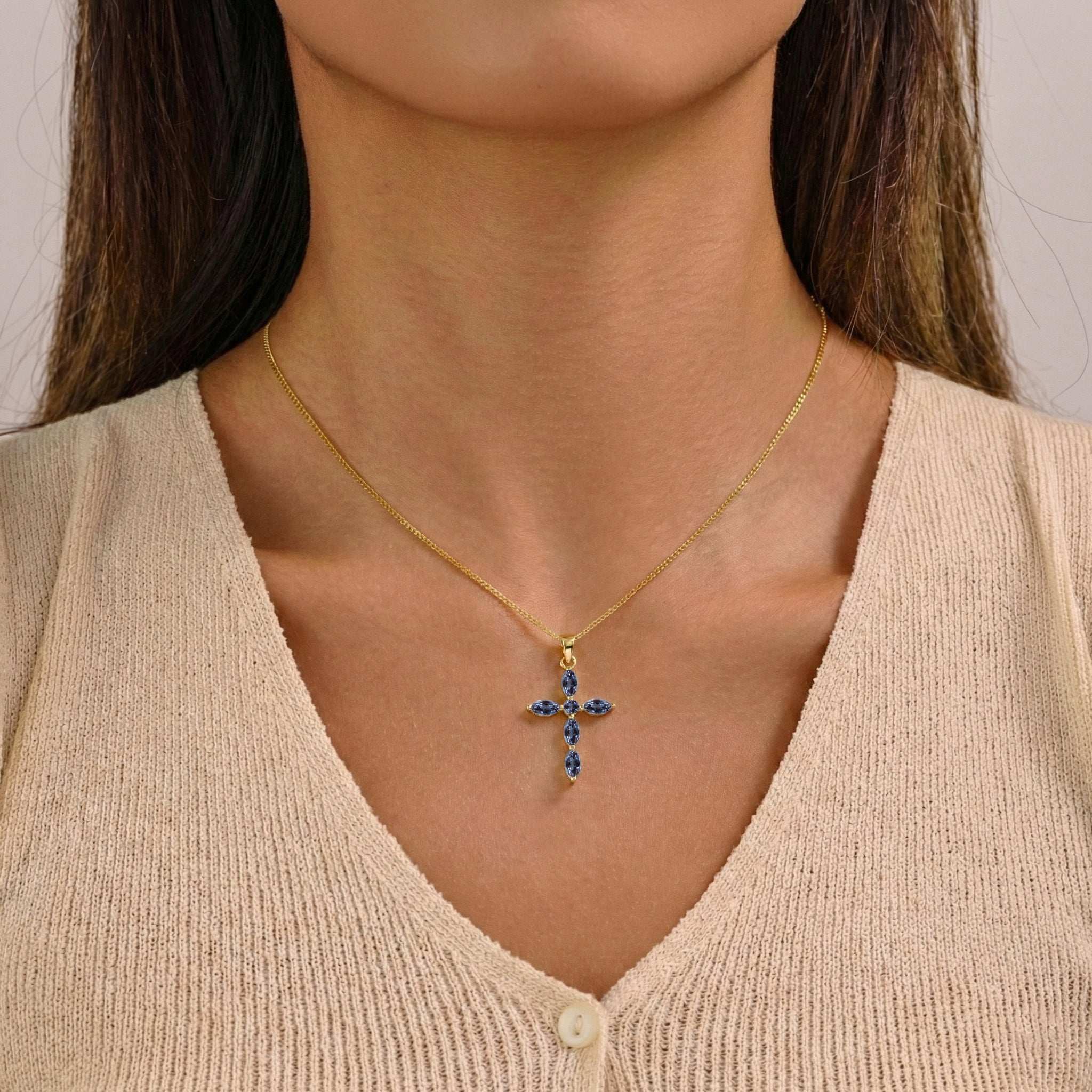 Alexandrite Marquise Cross Pendant Necklace in Yellow Gold Plated 2ct