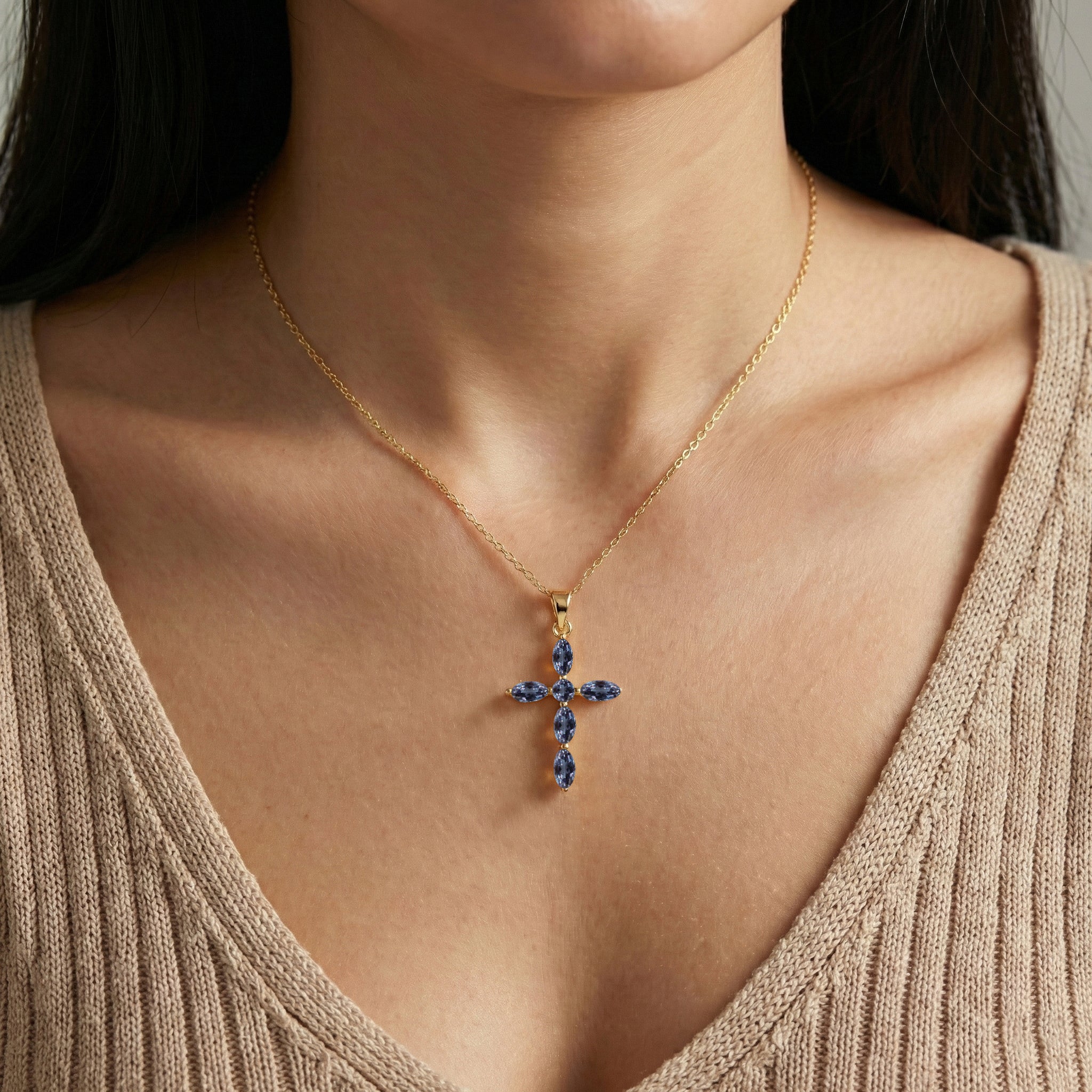 Alexandrite Marquise Cross Pendant Necklace in Yellow Gold Plated 2ct