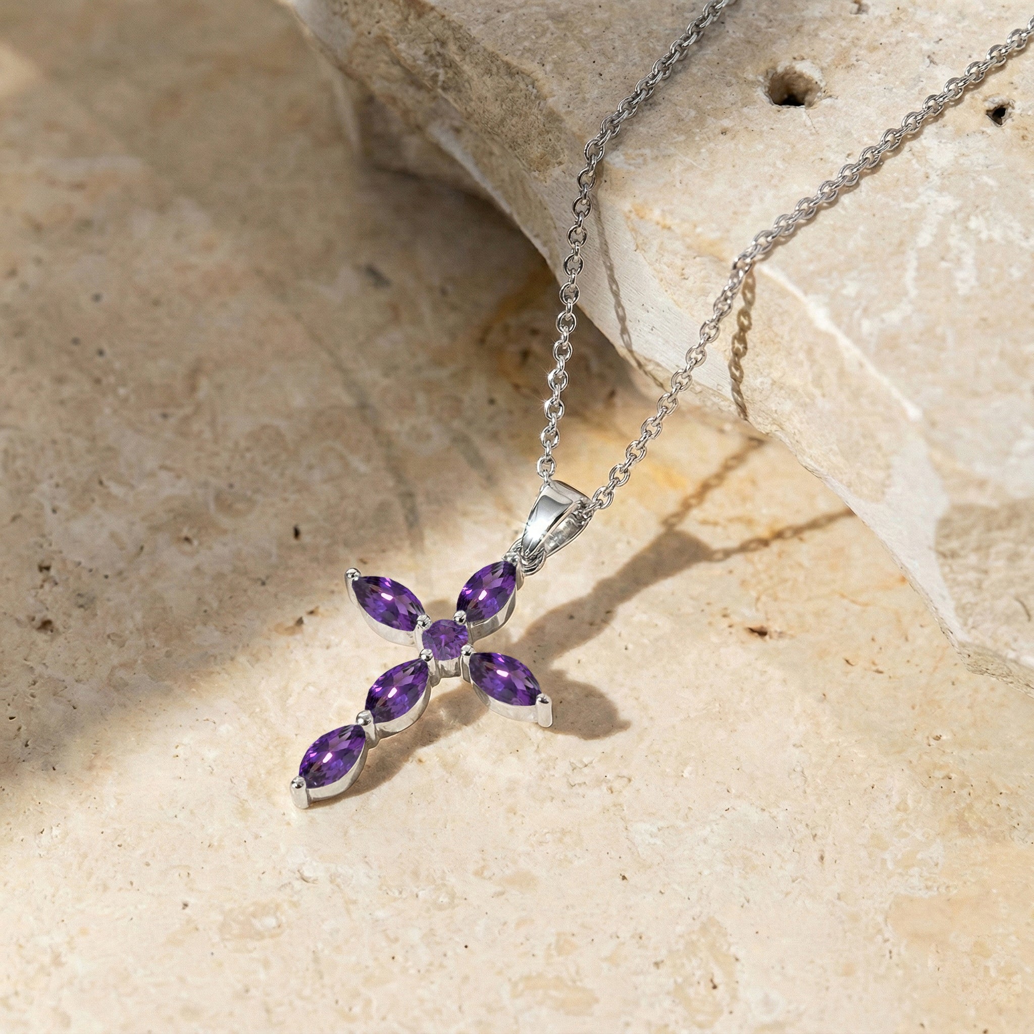 Amethyst Marquise Cross Pendant Necklace in 925 Sterling Silver 2ct