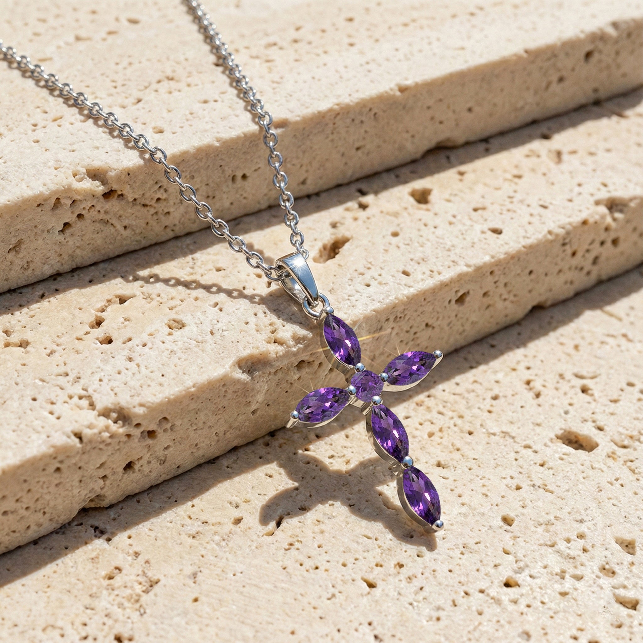 Amethyst Marquise Cross Pendant Necklace in 925 Sterling Silver 2ct