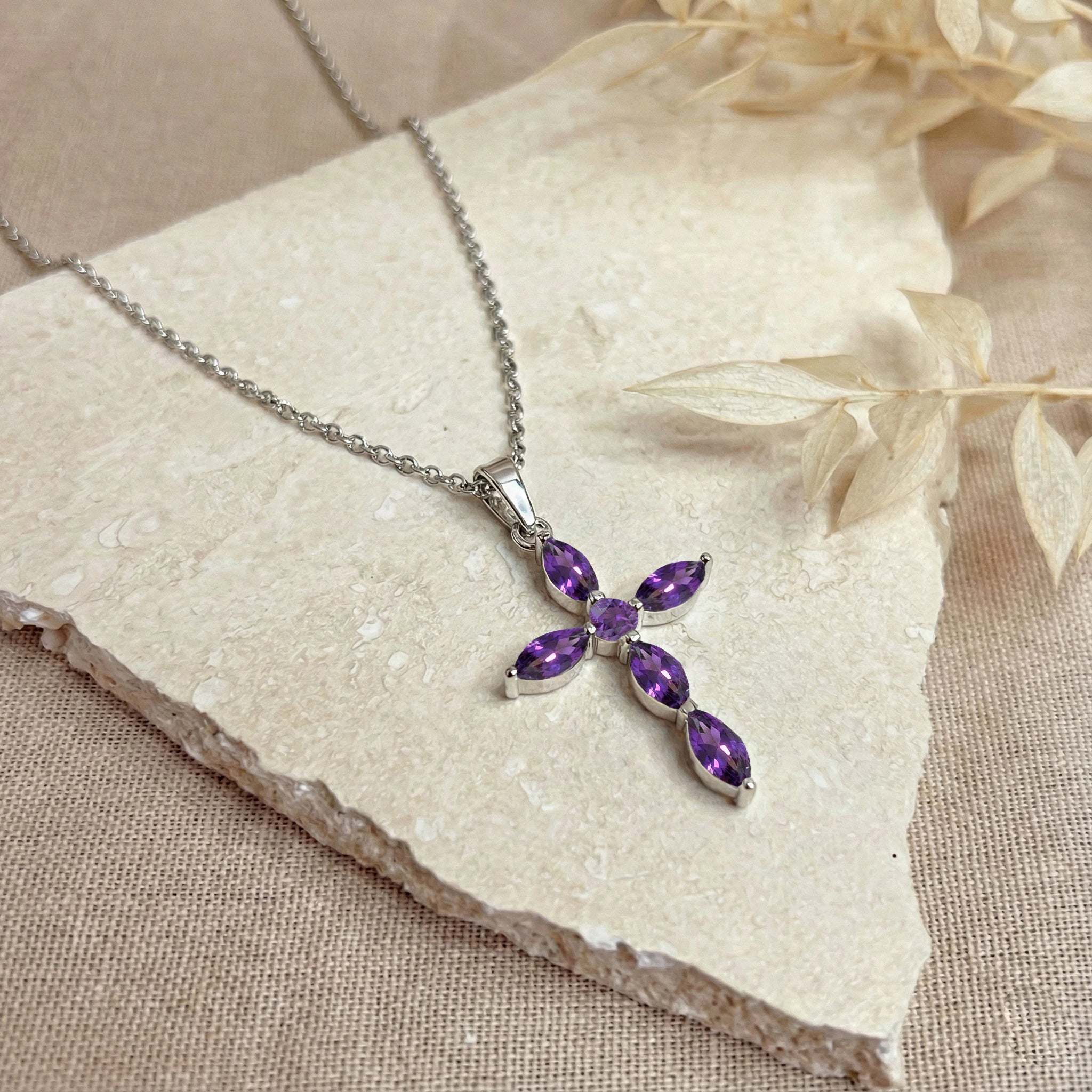 Amethyst Marquise Cross Pendant Necklace in 925 Sterling Silver 2ct