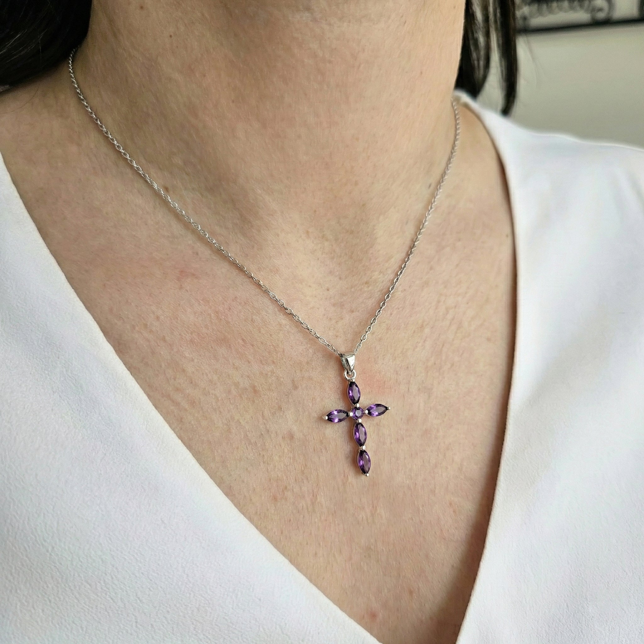 Amethyst Marquise Cross Pendant Necklace in 925 Sterling Silver 2ct