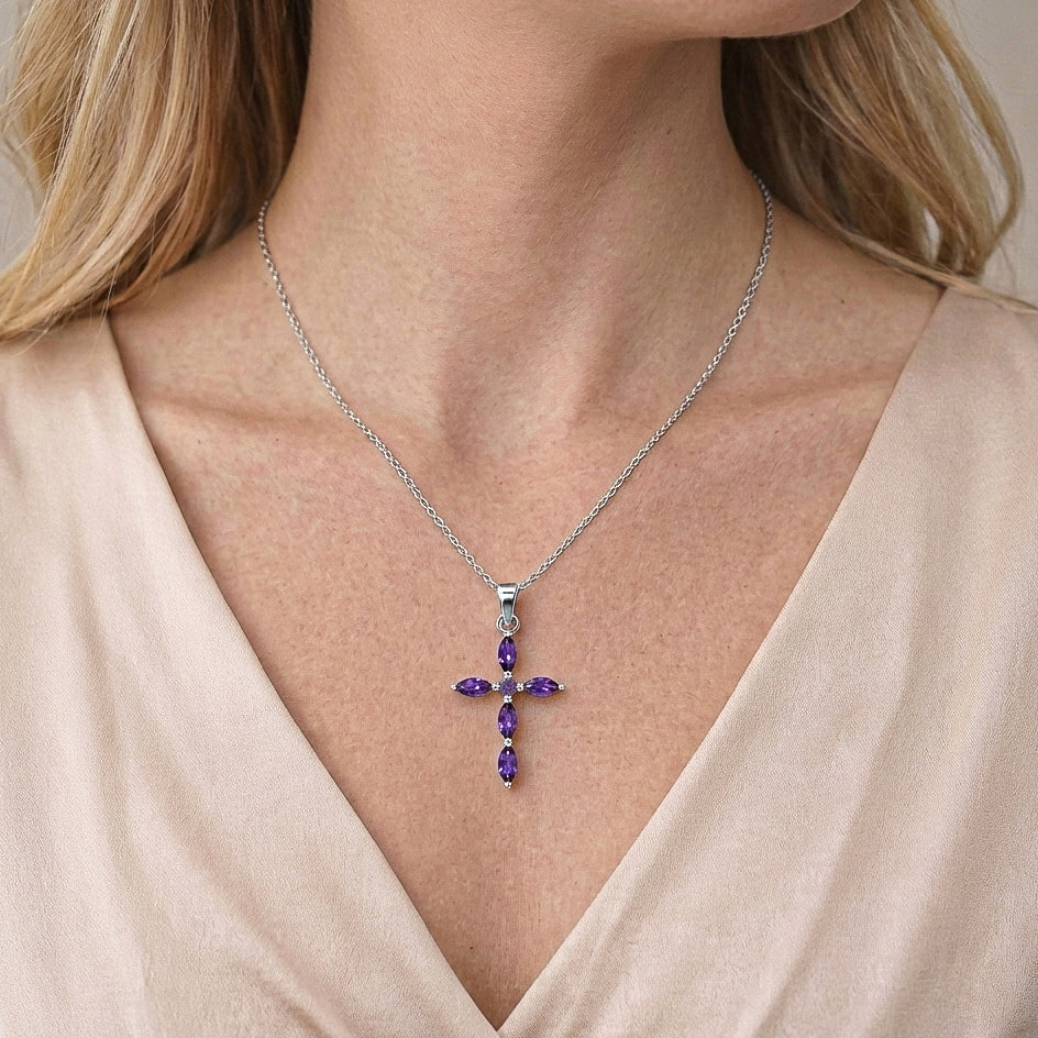 Amethyst Marquise Cross Pendant Necklace in 925 Sterling Silver 2ct