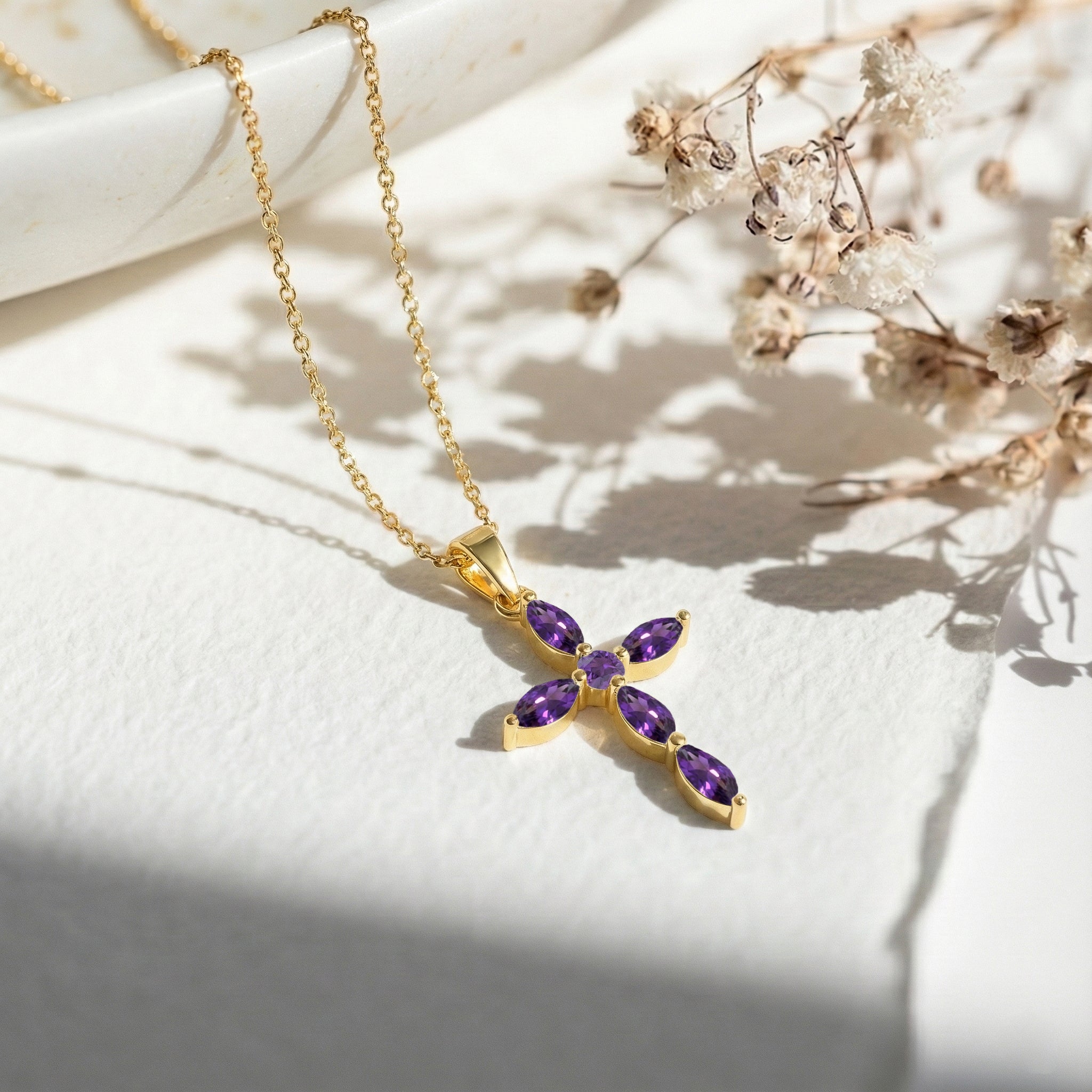 Amethyst Marquise Cross Pendant Necklace in 925 Sterling Silver 2ct