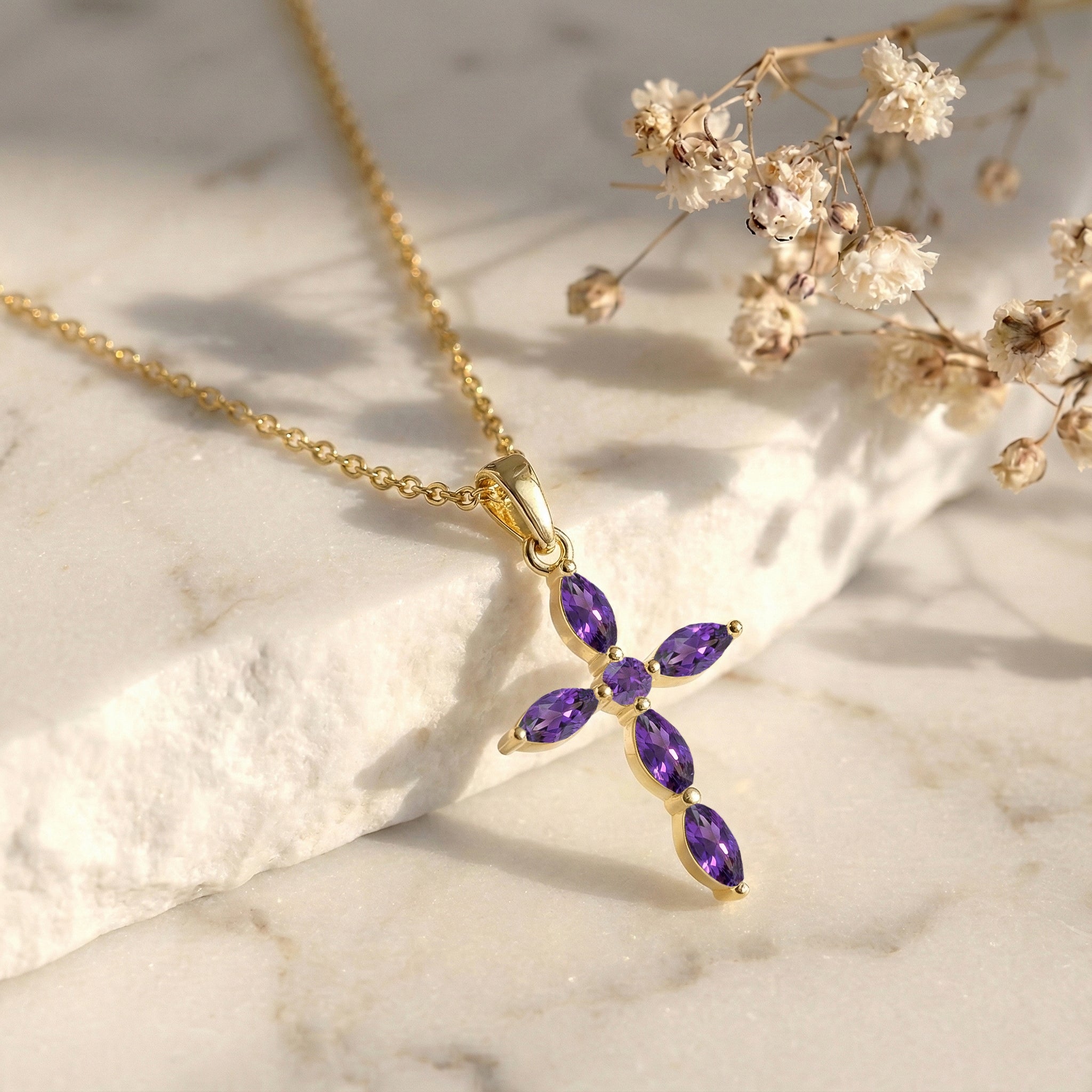 Amethyst Marquise Cross Pendant Necklace in 925 Sterling Silver 2ct