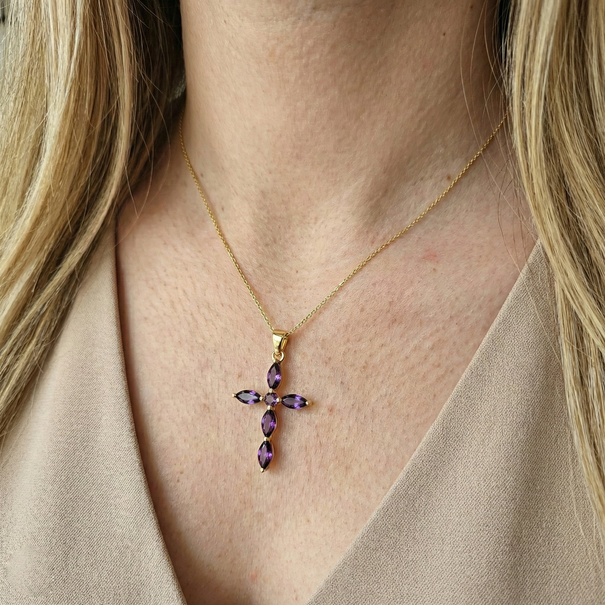 Amethyst Marquise Cross Pendant Necklace in 925 Sterling Silver 2ct