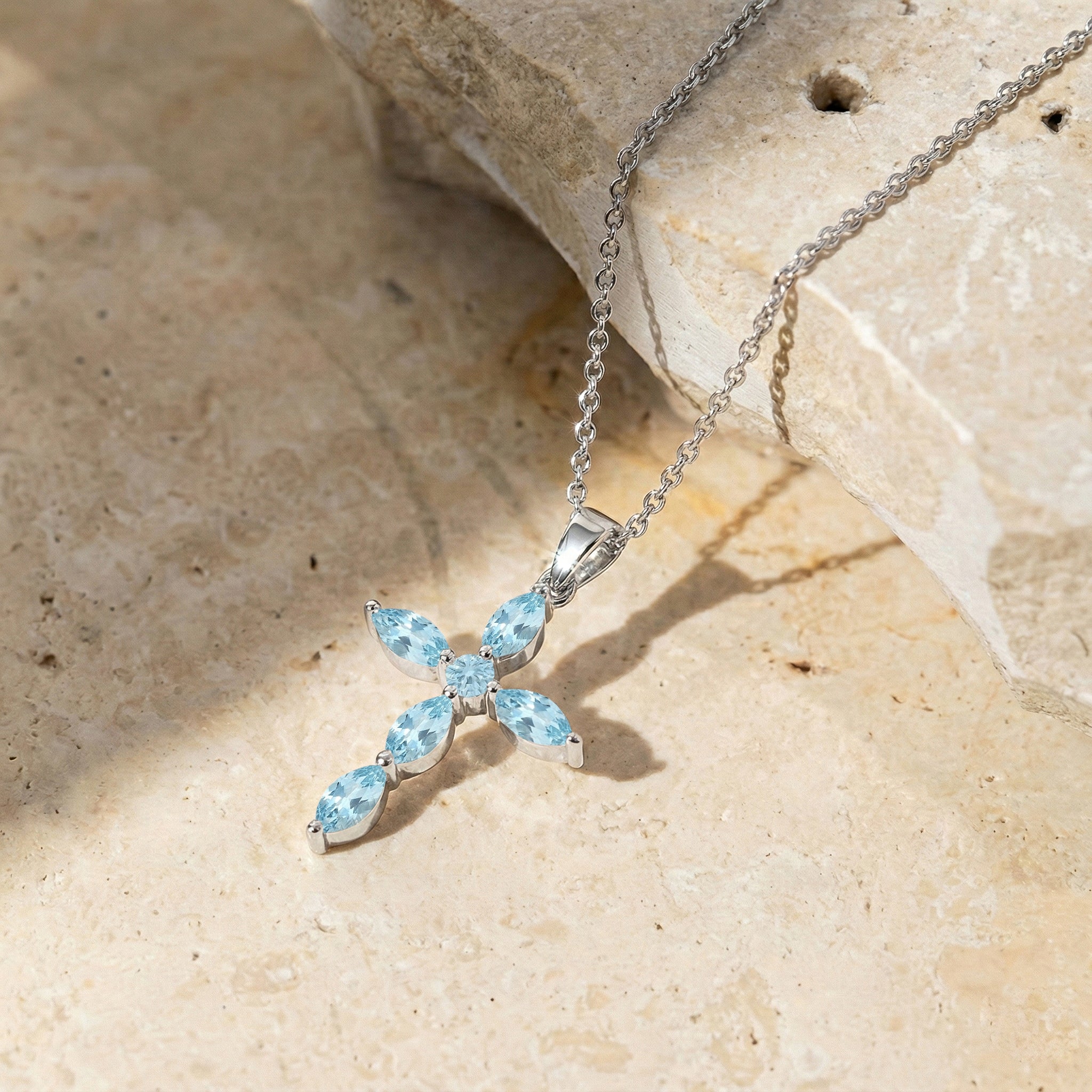 Aquamarine Marquise Cross Pendant Necklace in 925 Sterling Silver 2ct