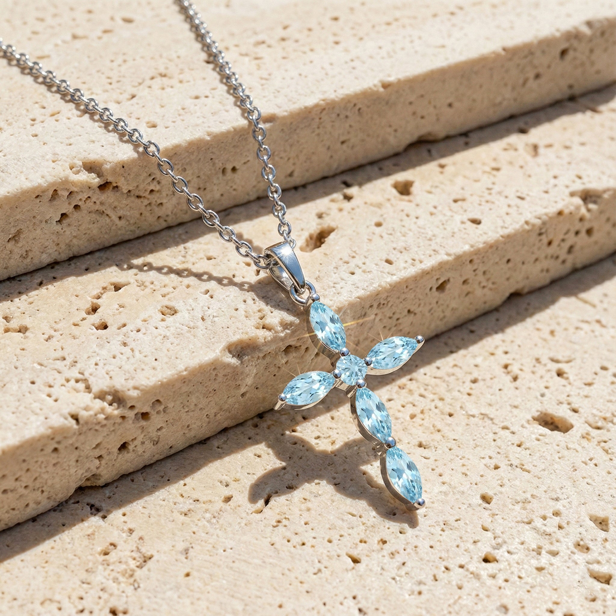 Aquamarine Marquise Cross Pendant Necklace in 925 Sterling Silver 2ct