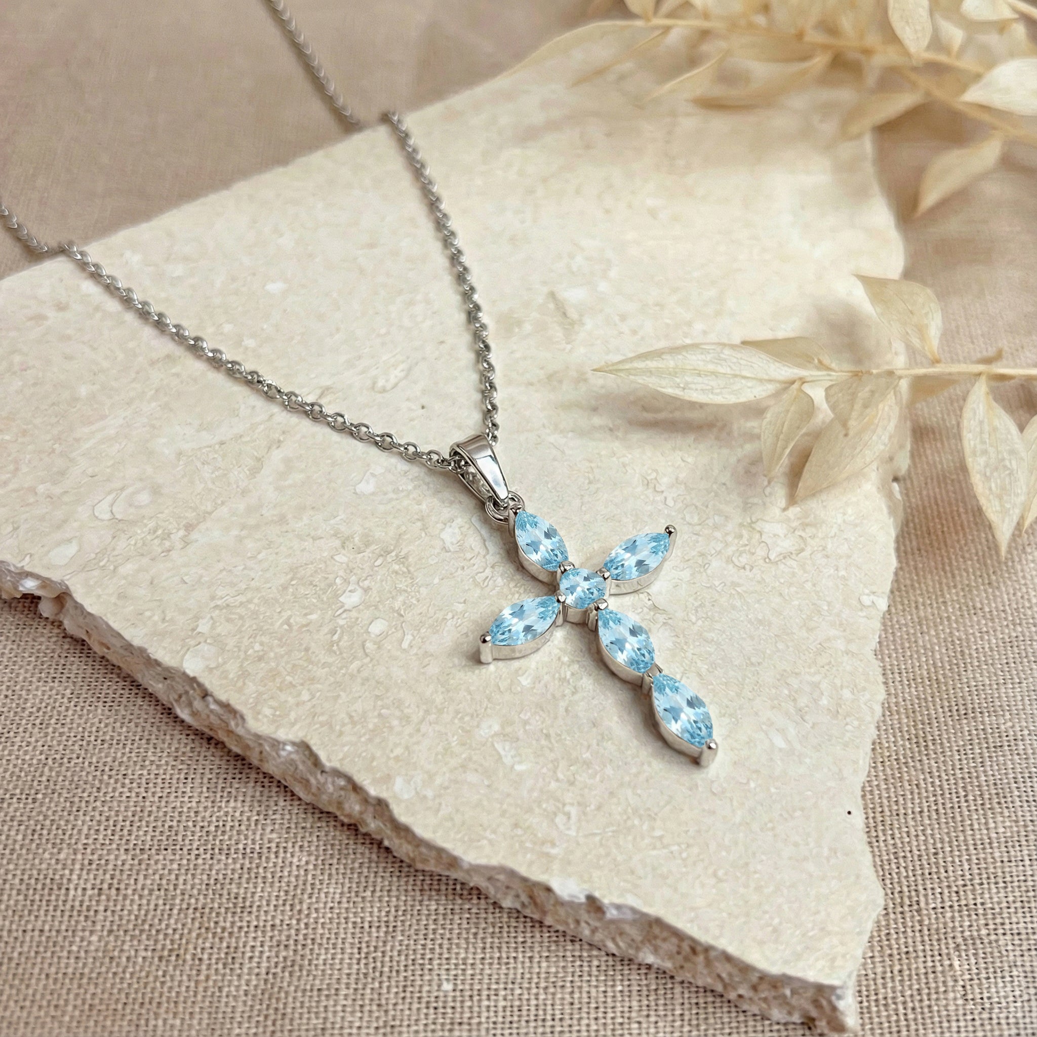 Aquamarine Marquise Cross Pendant Necklace in 925 Sterling Silver 2ct