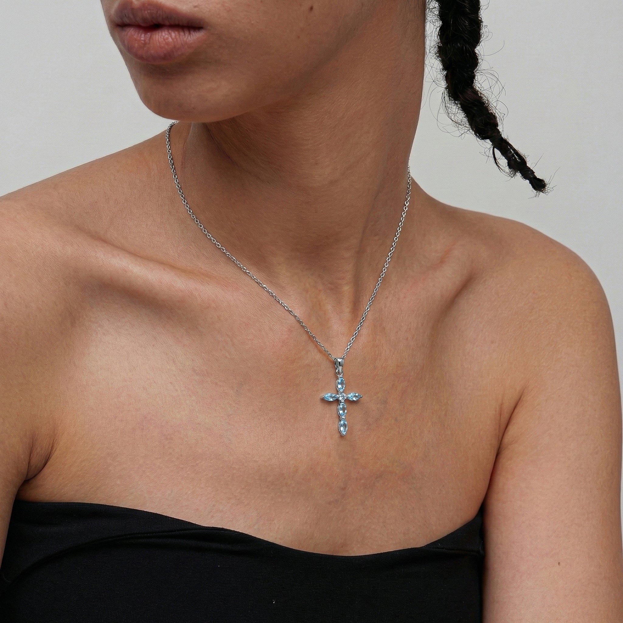 Aquamarine Marquise Cross Pendant Necklace in 925 Sterling Silver 2ct