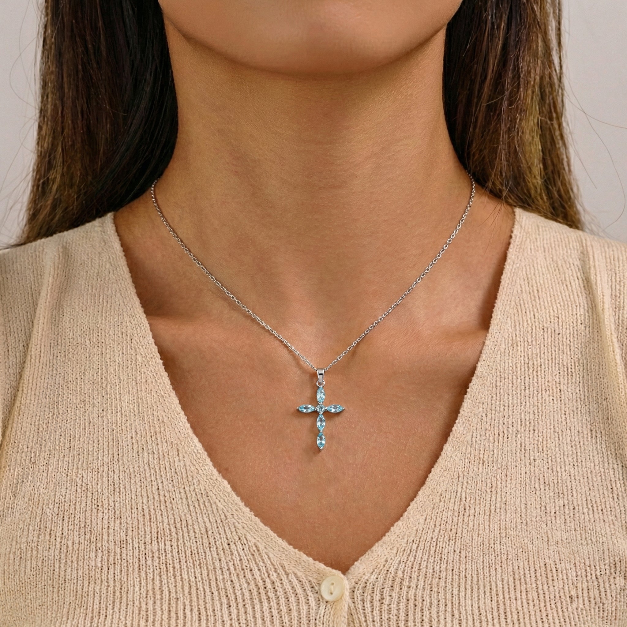 Aquamarine Marquise Cross Pendant Necklace in 925 Sterling Silver 2ct