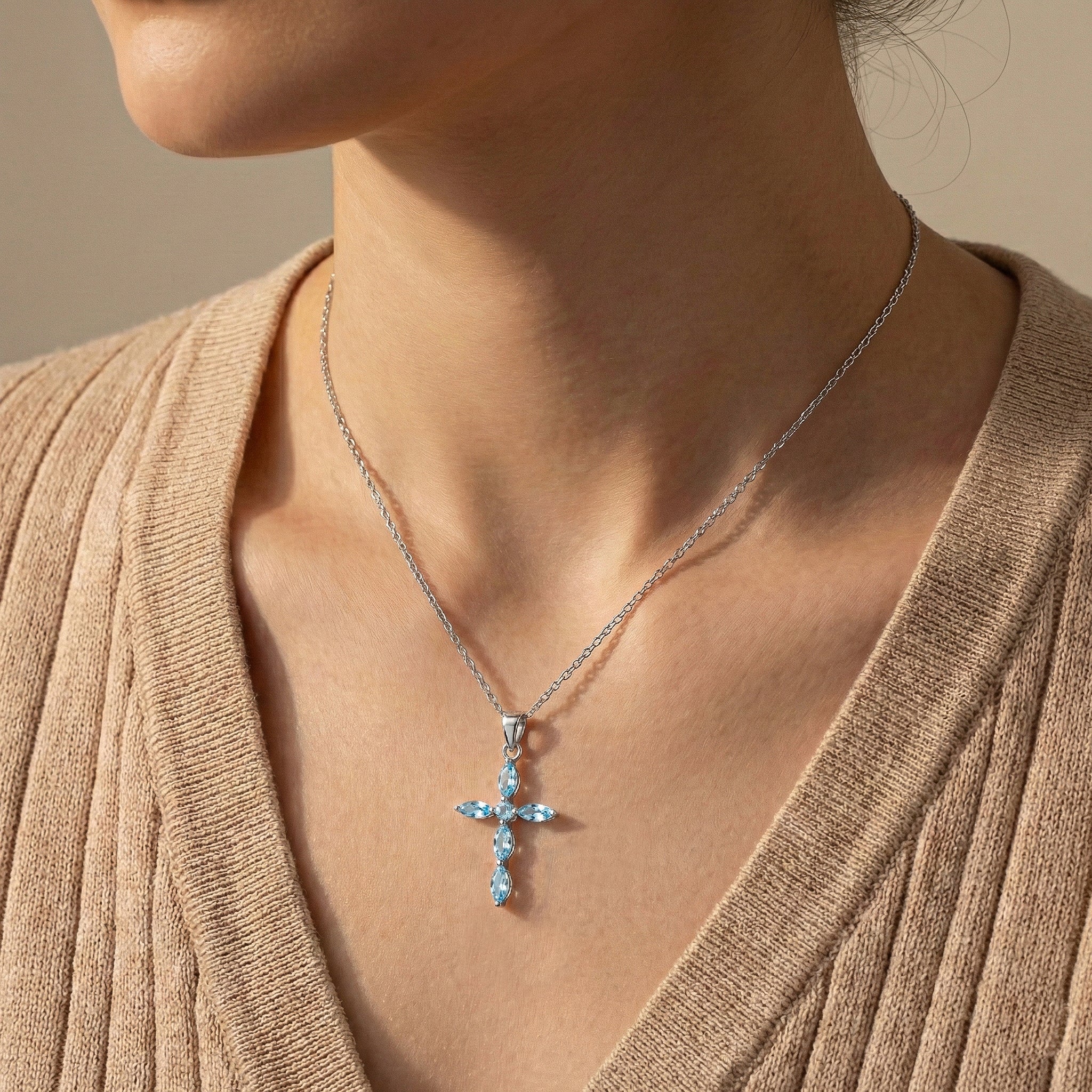 Aquamarine Marquise Cross Pendant Necklace in 925 Sterling Silver 2ct