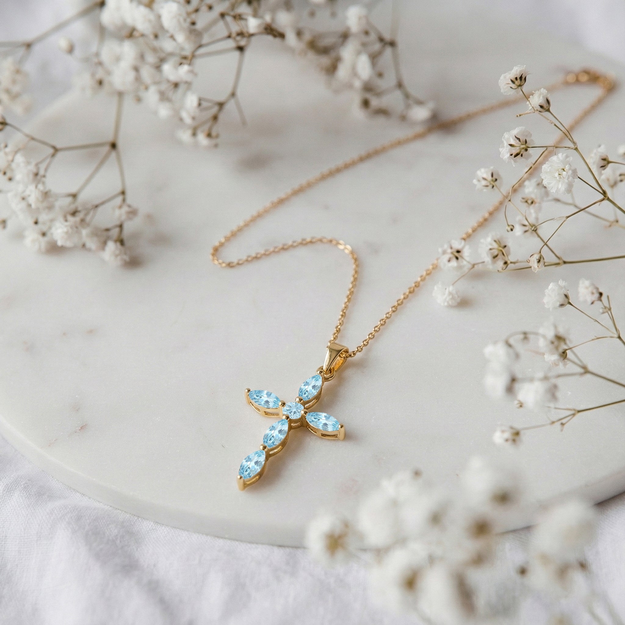 Aquamarine Marquise Cross Pendant Necklace in Yellow Gold Plated 2ct