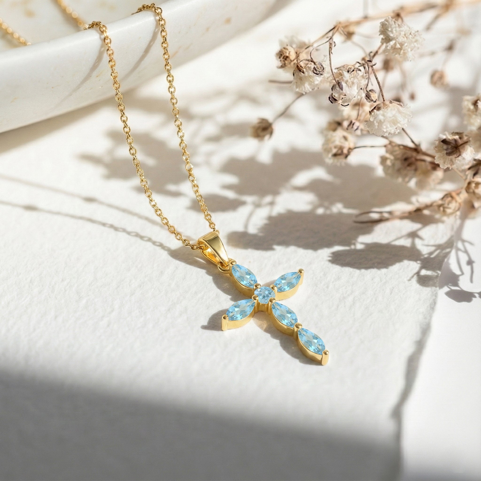 Aquamarine Marquise Cross Pendant Necklace in Yellow Gold Plated 2ct