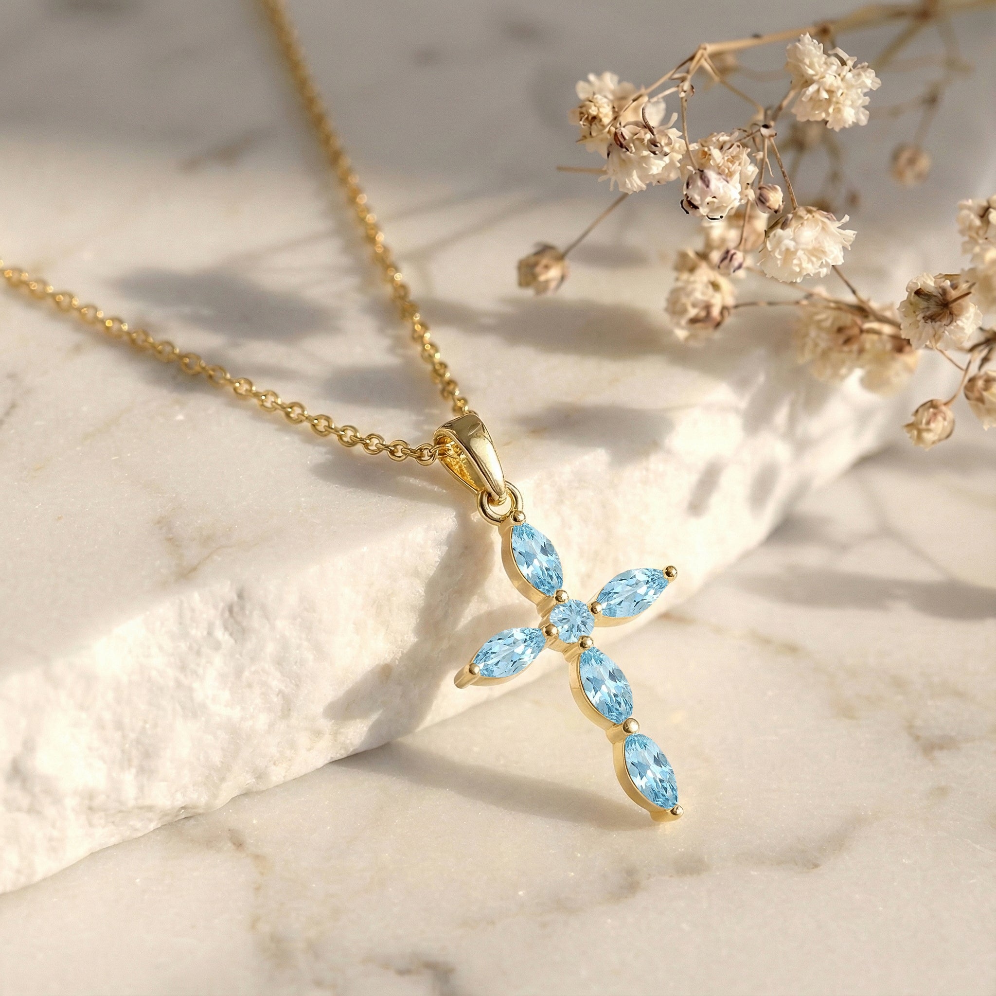 Aquamarine Marquise Cross Pendant Necklace in Yellow Gold Plated 2ct