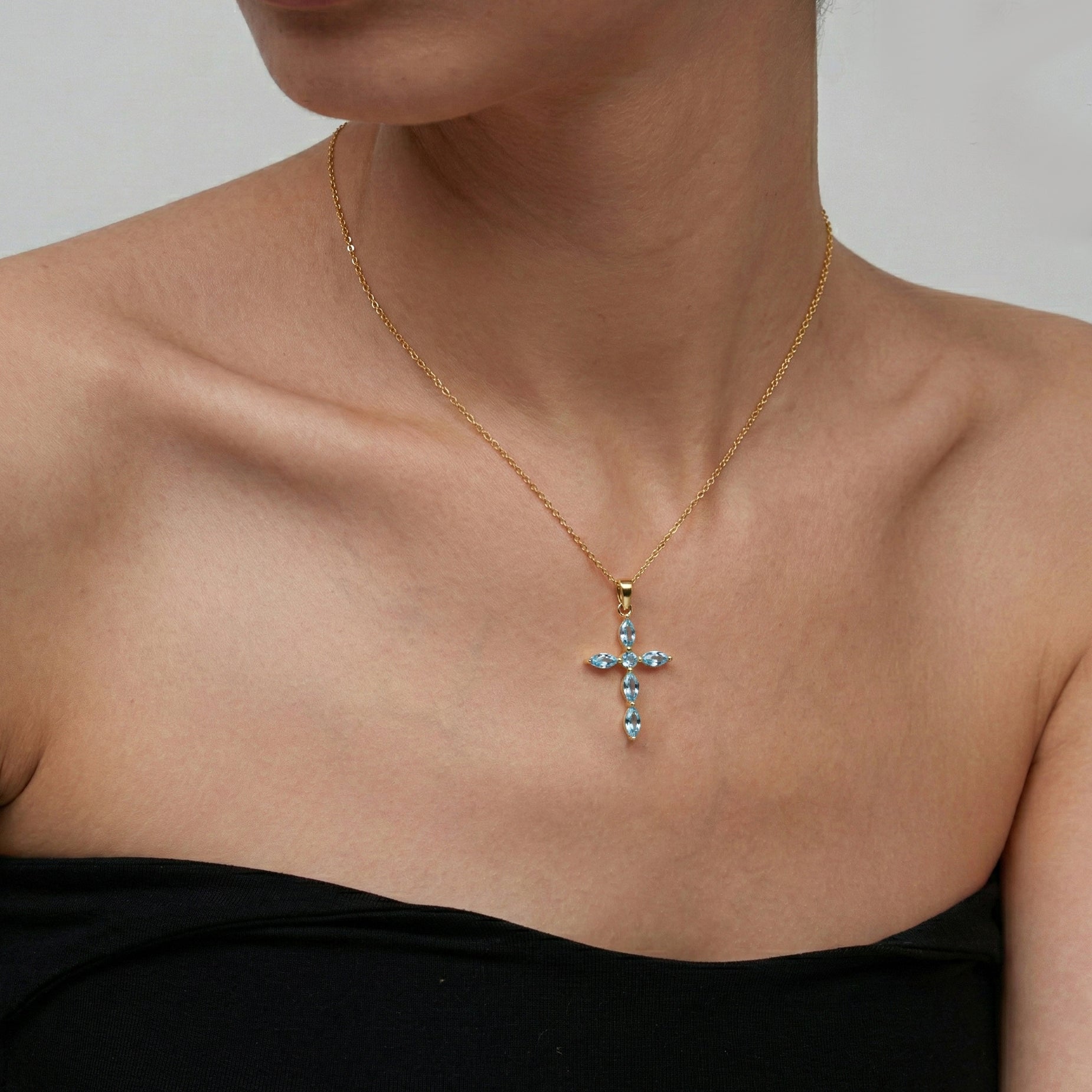 Aquamarine Marquise Cross Pendant Necklace in Yellow Gold Plated 2ct