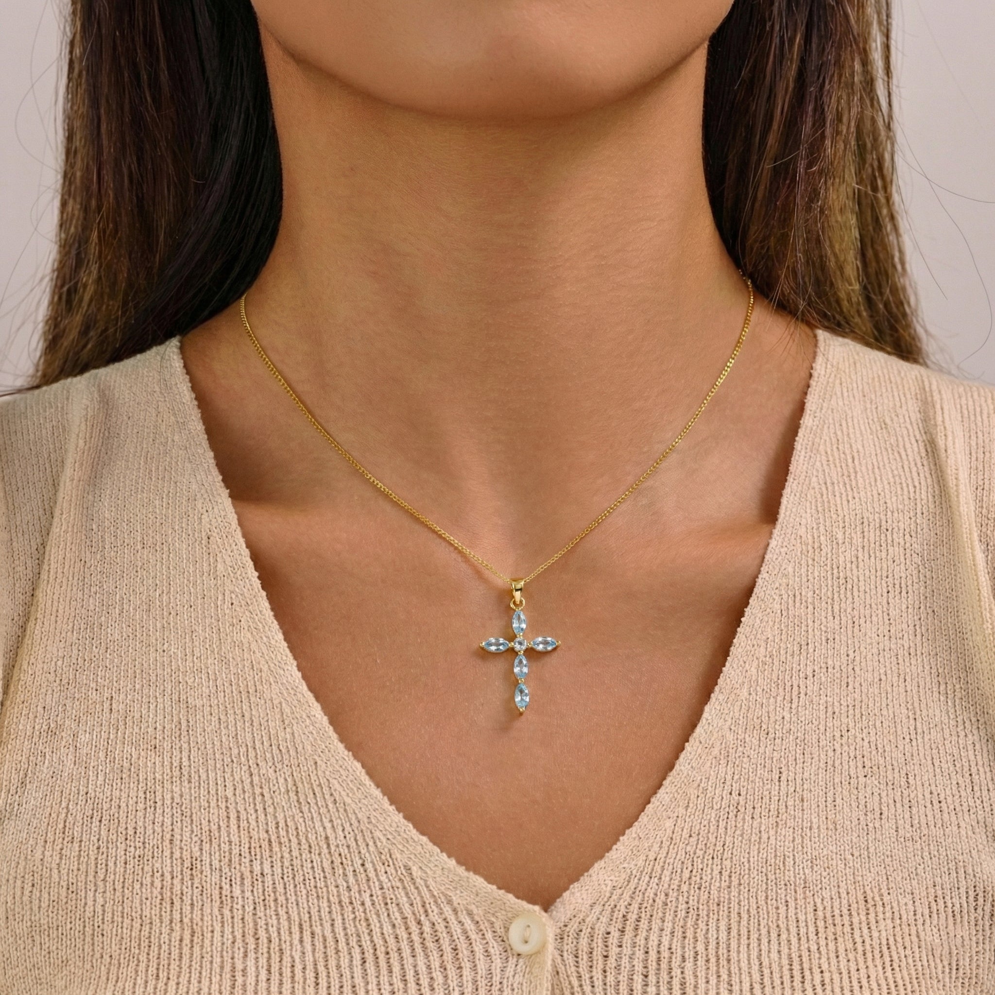 Aquamarine Marquise Cross Pendant Necklace in Yellow Gold Plated 2ct