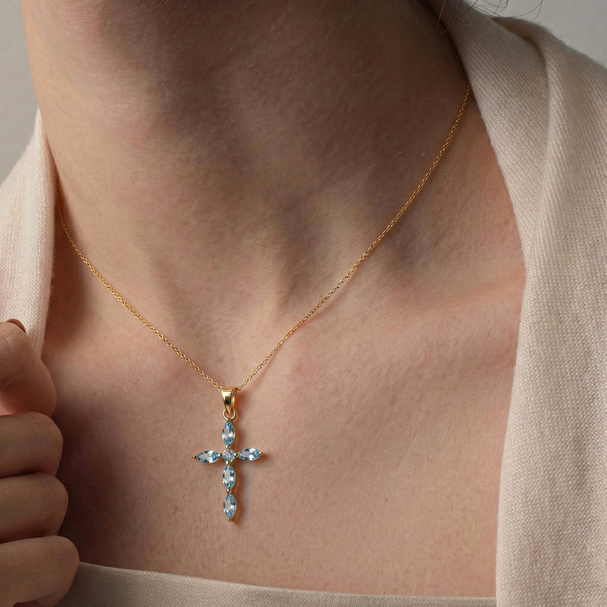 Aquamarine Marquise Cross Pendant Necklace in Yellow Gold Plated 2ct