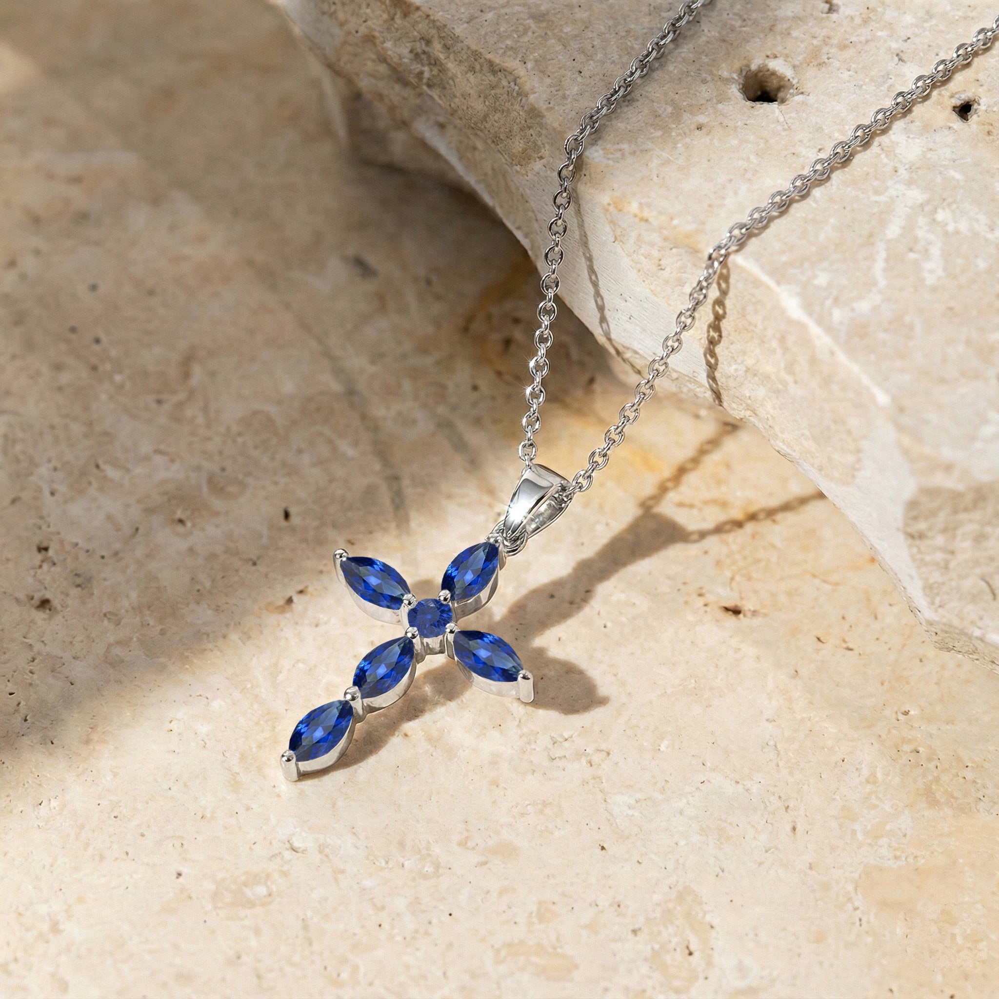 Blue Sapphire Marquise Cross Pendant Necklace in 925 Sterling Silver 2ct