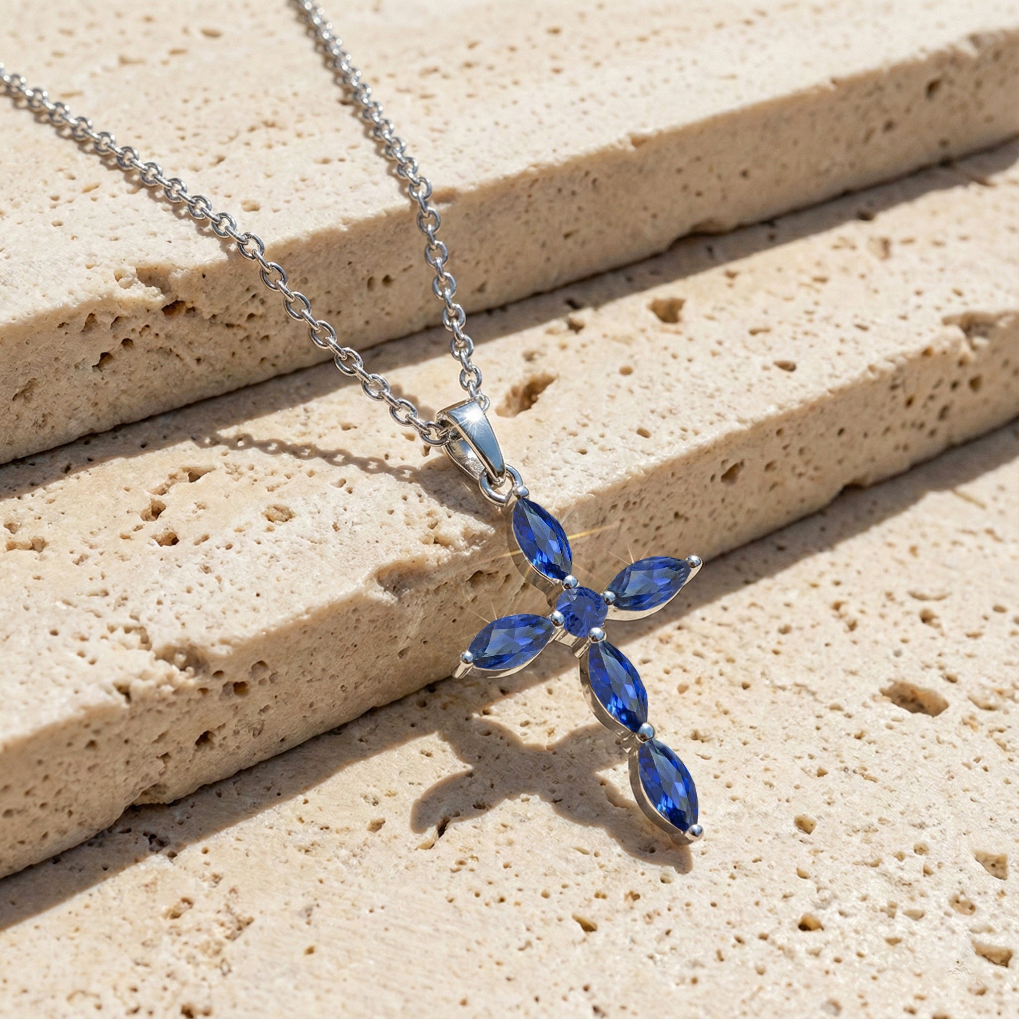 Blue Sapphire Marquise Cross Pendant Necklace in 925 Sterling Silver 2ct