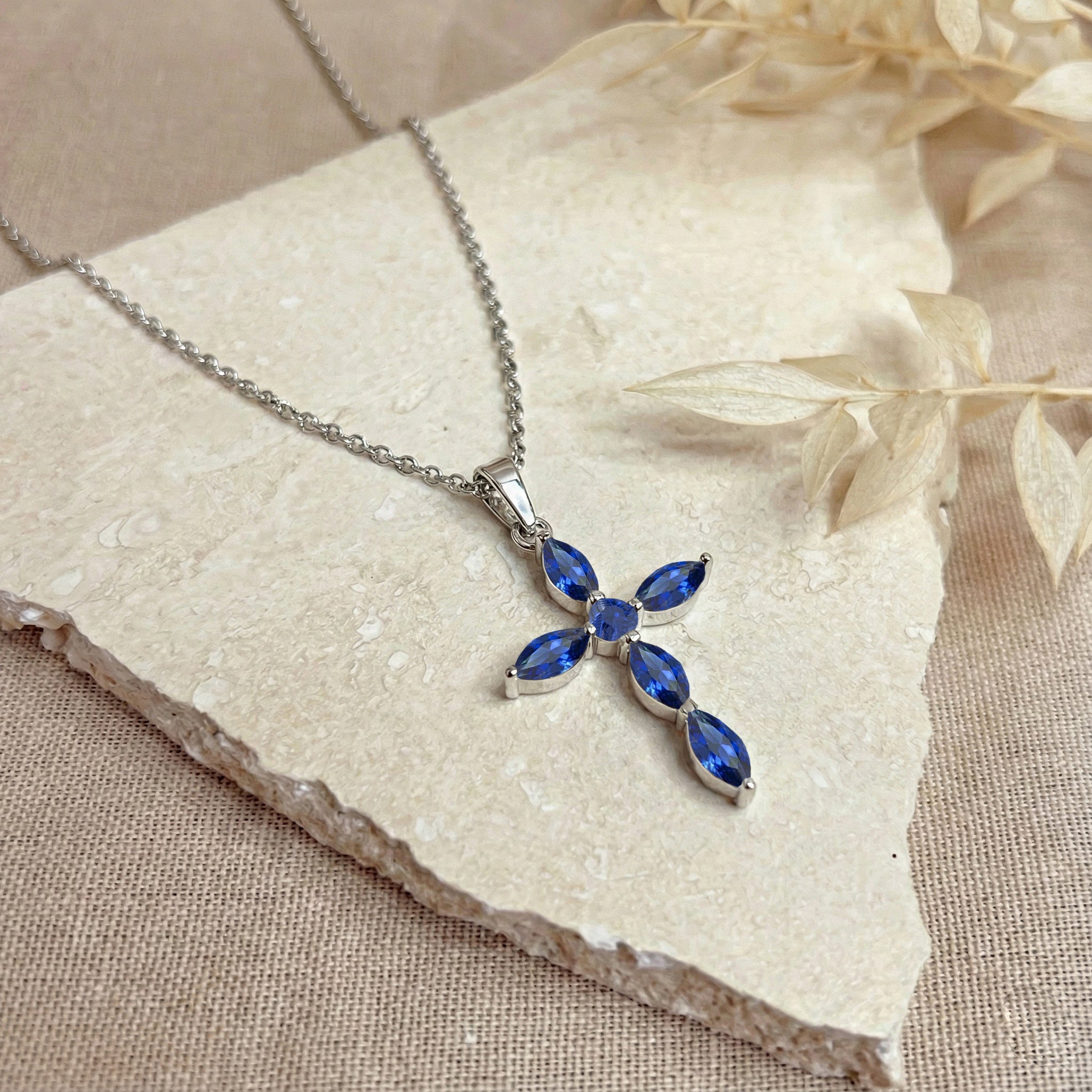 Blue Sapphire Marquise Cross Pendant Necklace in 925 Sterling Silver 2ct